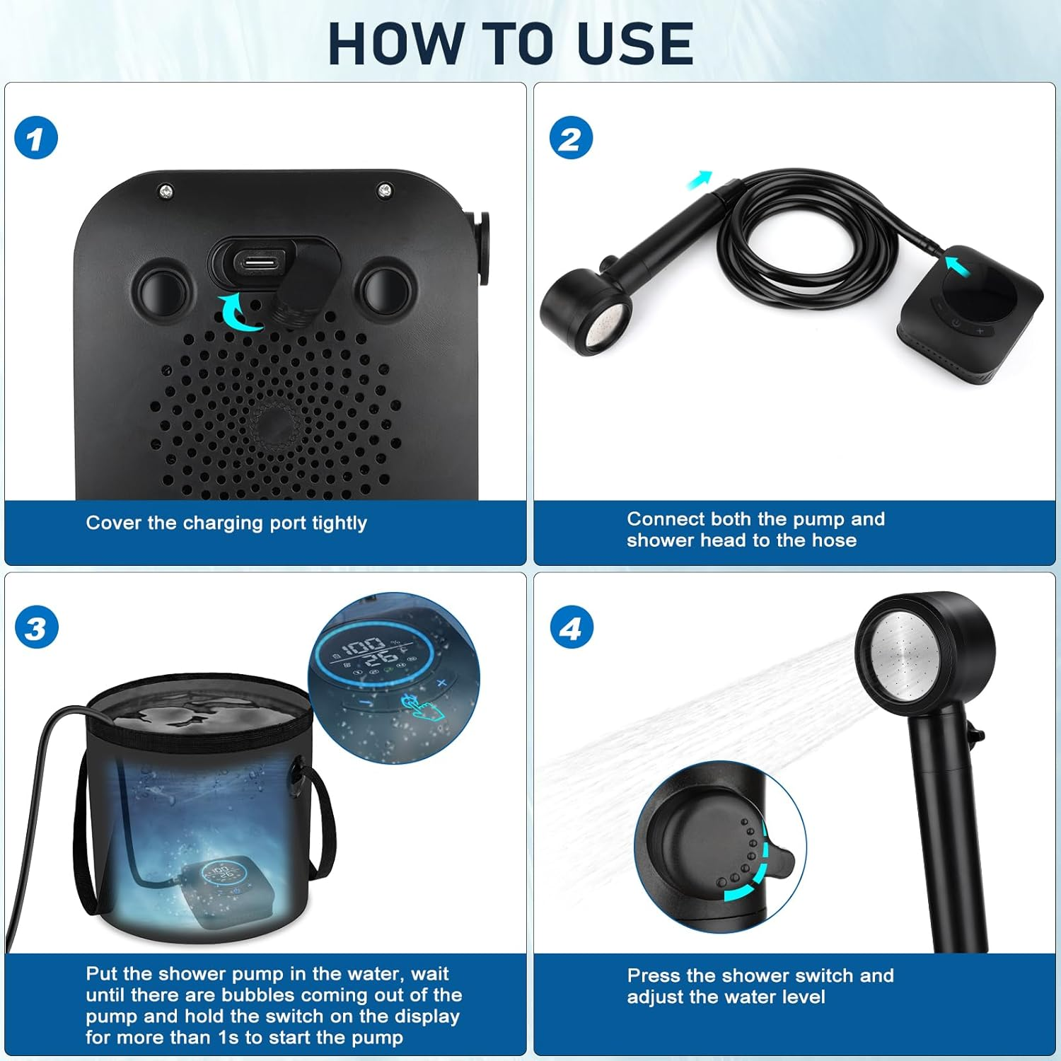 Portable Camp Shower, [8000Mah Long-Lasting] Spopal Rechargeable Shower for Camping with 20L Water Bucket, LED Display, Shower Head, Electric Shower Pump for Car & Pet Clean, Camping Hiking, Travel image number 2