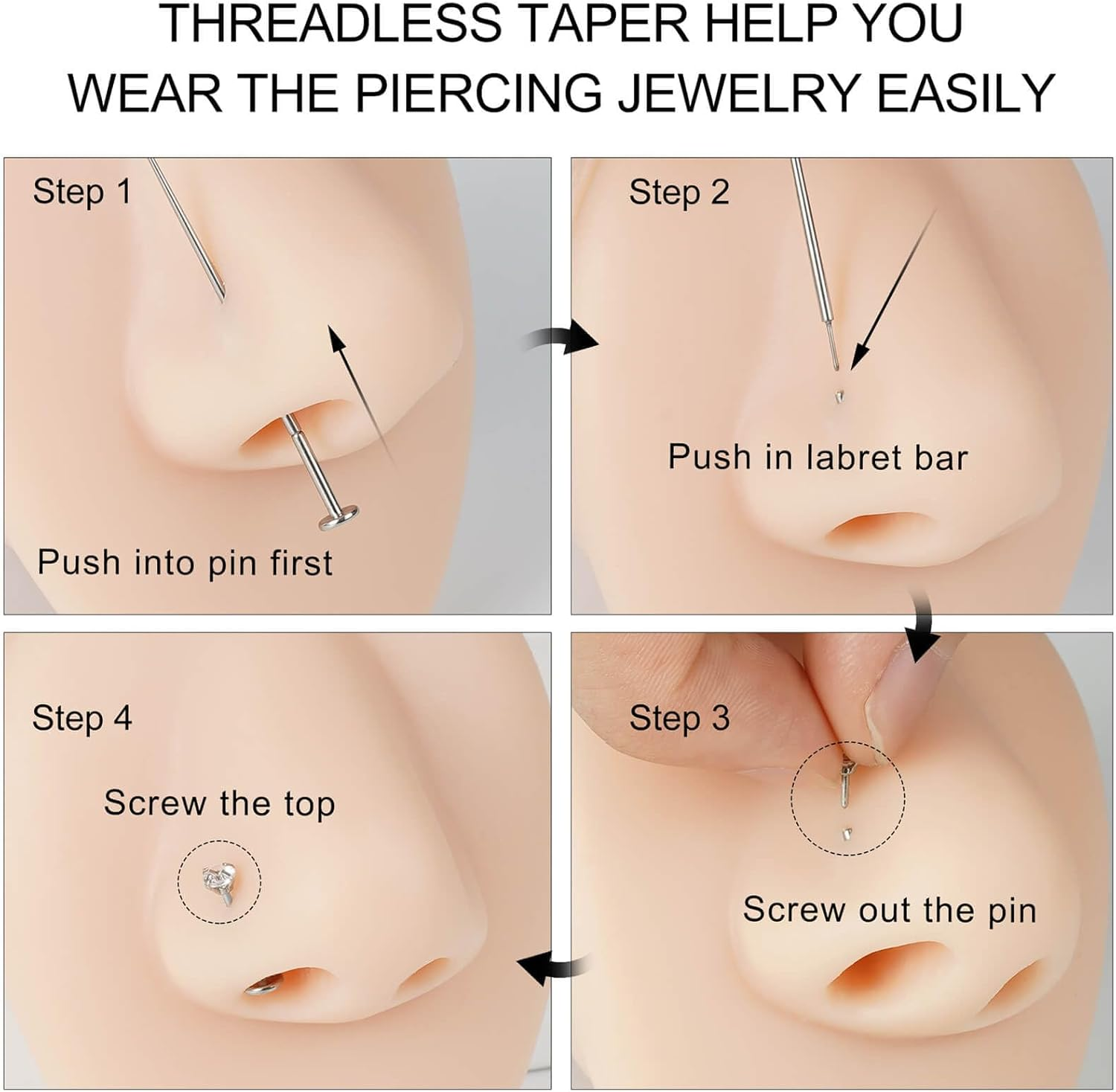 QXXPVV Stainless Steel 14G 16G 18G 20G Threaded Piercing Taper Threadless Piercing Taper Insertion Pin for Ear/Nose/Navel/Nipple/Lip/Eyebrow Stretcher Body Piercing Stretching Kit Assistant Tool image number 5