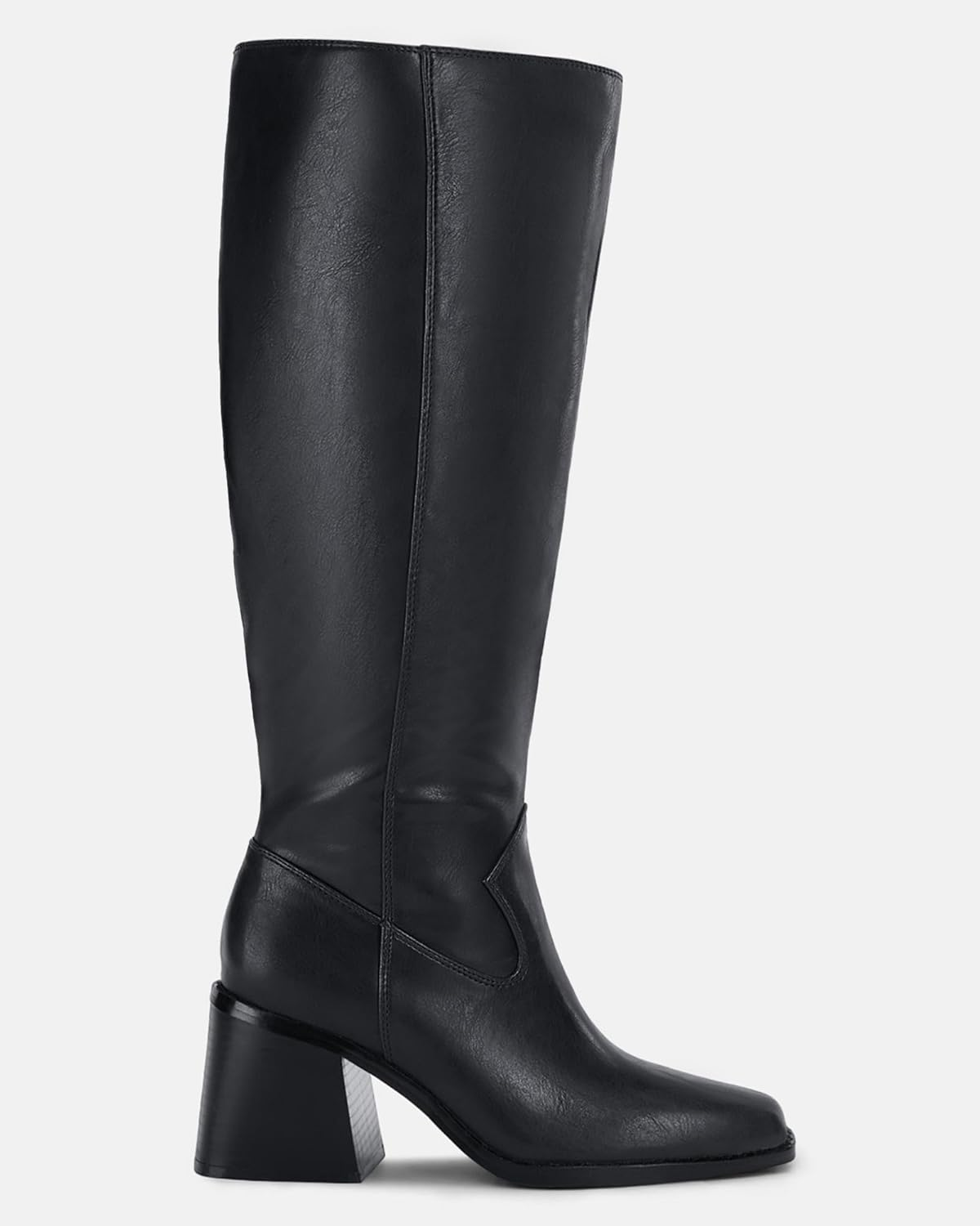 Coutgo Women'S Knee High Boots Wide Calf Square Toe Chunky Heeled Pull-On Leather Boots image number 2