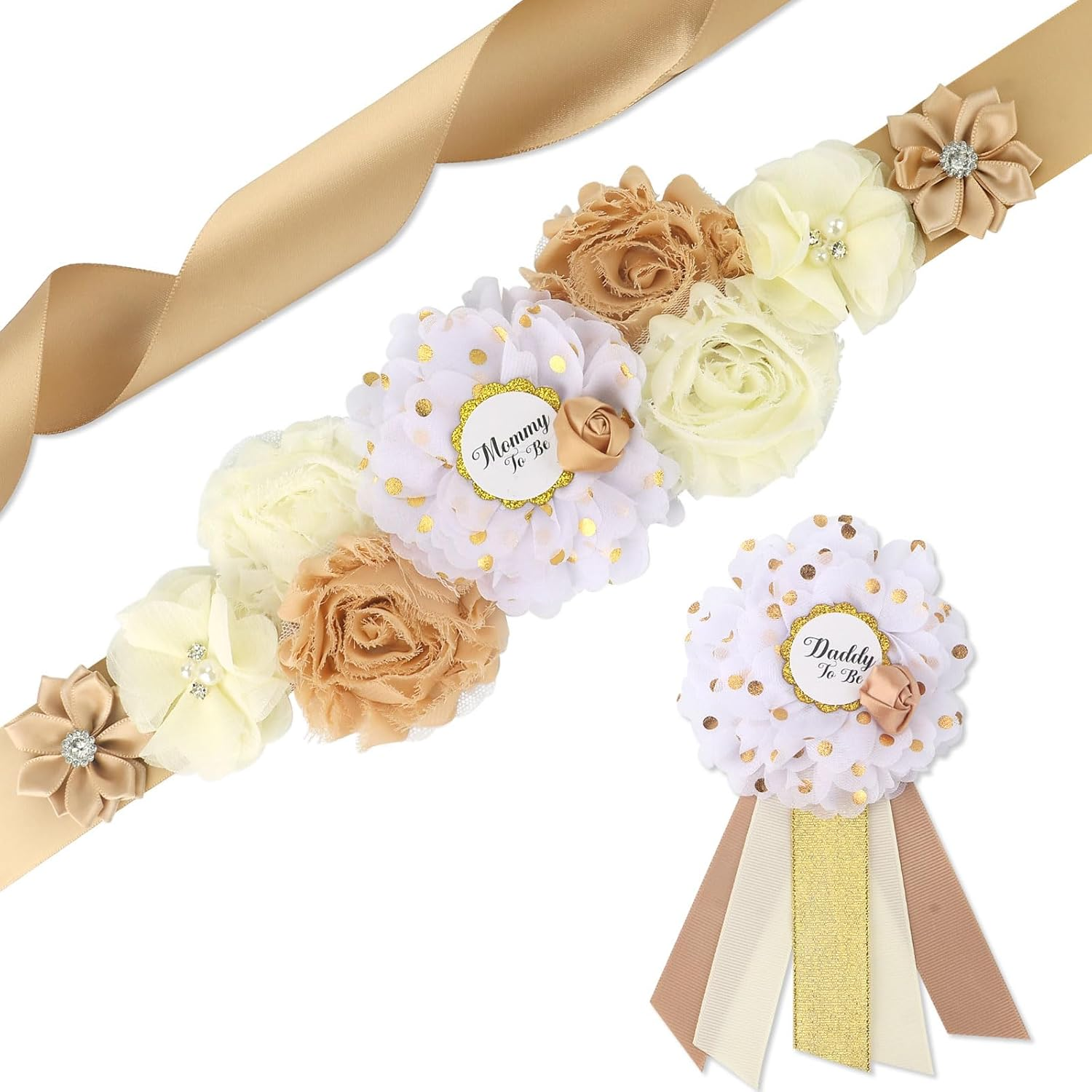 Rose Gold Maternity Sash Corsage Set &ndash; White and Champagne Floral Belly Band image number 3