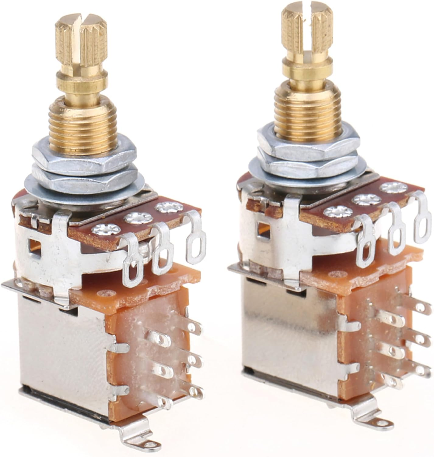 Musiclily Pro B250K Full Brass Metric Coarse 18-Spline Split Shaft Pots Push/Push Linear Taper Potentiometers for Electric Guitar Bass (Set of 2)