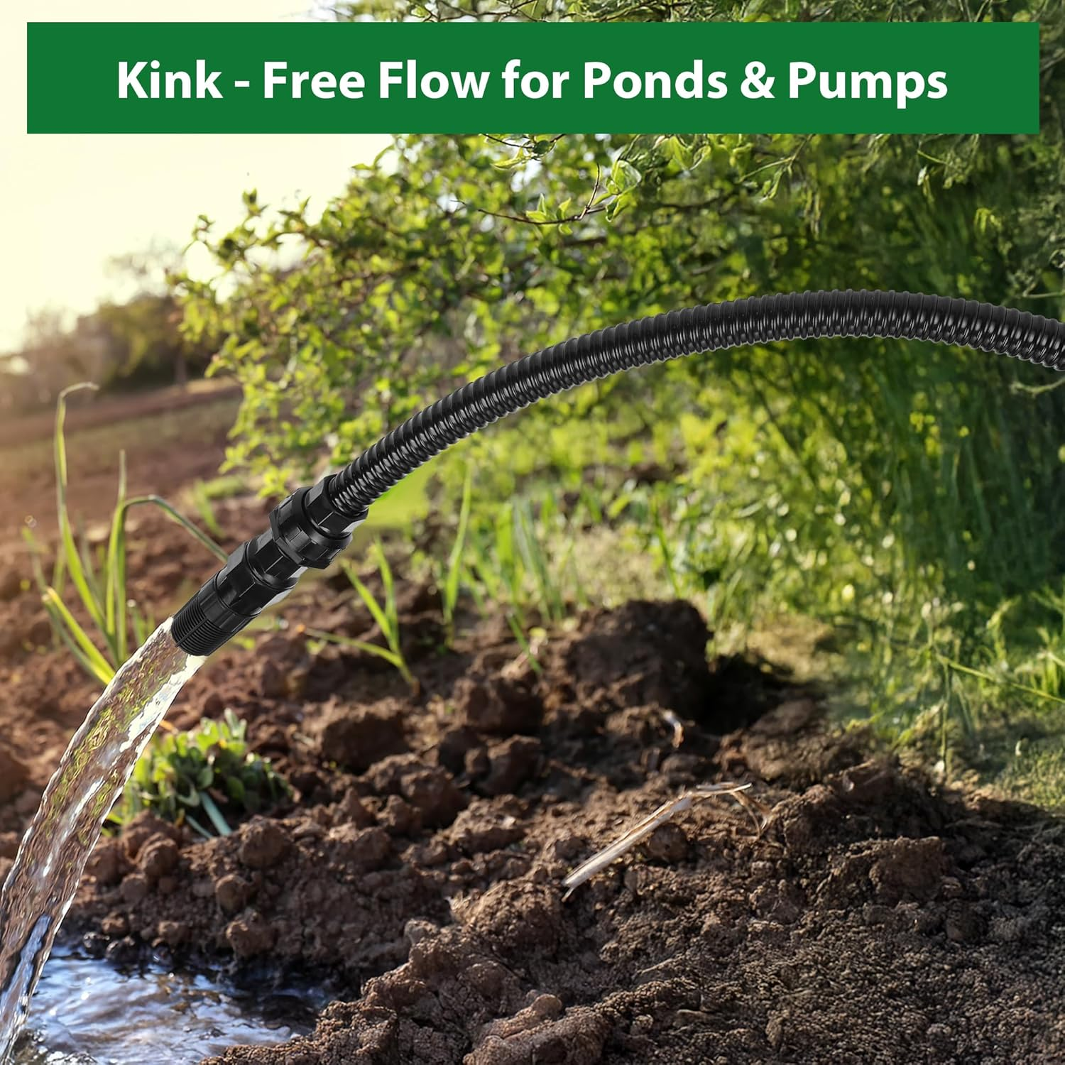 1 Inch Pond Tubing &ndash; 10Ft Flexible PVC Corrugated Pond Hose with 2 Stainless Steel Hose Clamps, Kink-Proof Black Plastic Pump Tubing for Garden Ponds, Waterfalls, Filters & Drainage image number 2