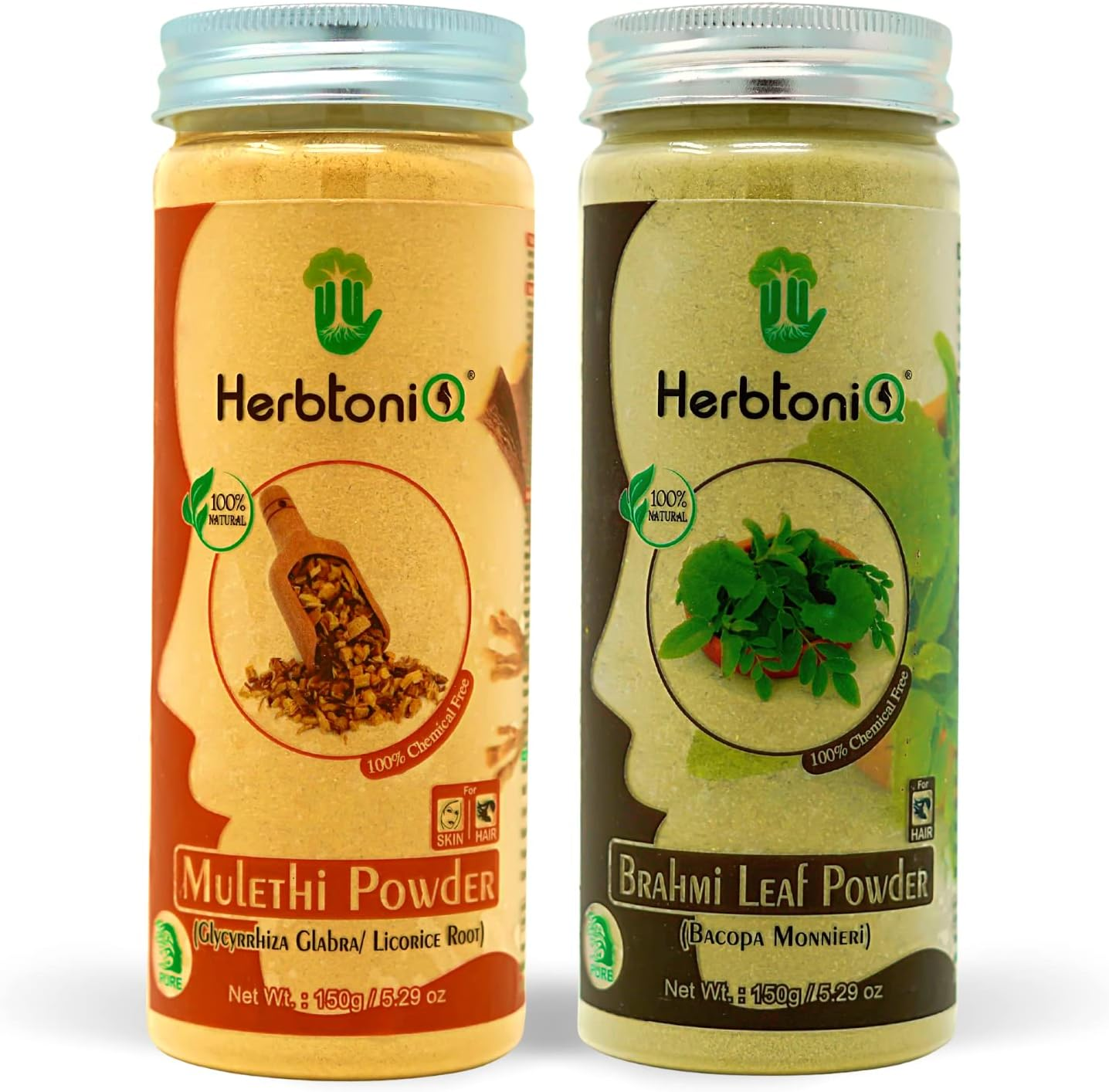 Herbtoniq 100% Natural Mulethi Powder (Glycyrrhiza Glabra/Licorice Root) 150G and Brahmi Leaf Powder (Bacopa Monnieri) 150G for Face Pack and Hair Pack image number 1