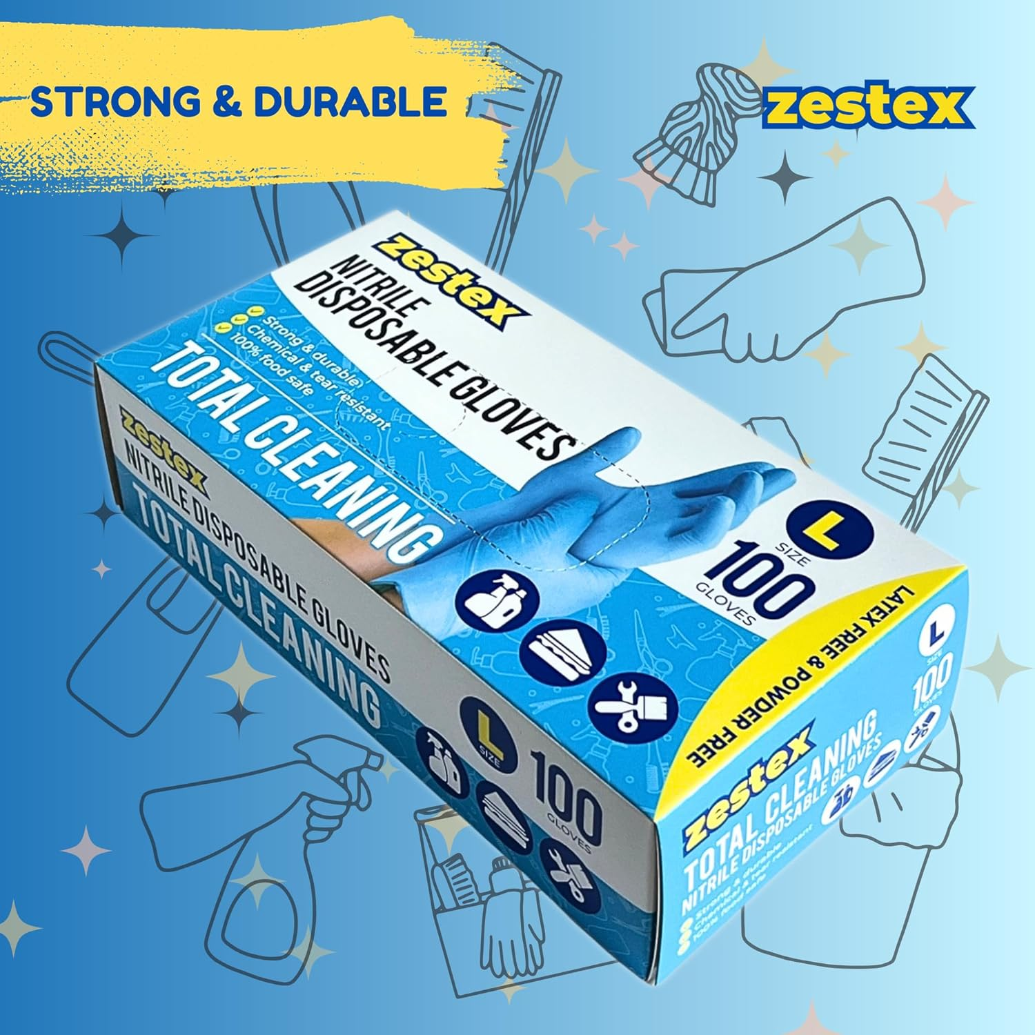 Zestex Nitrile Total Cleaning, Latex-Free & Powder-Free, Non-Sterile Food Safe Cleaning Disposable Glove, Blue, Large, Case/100 image number 1