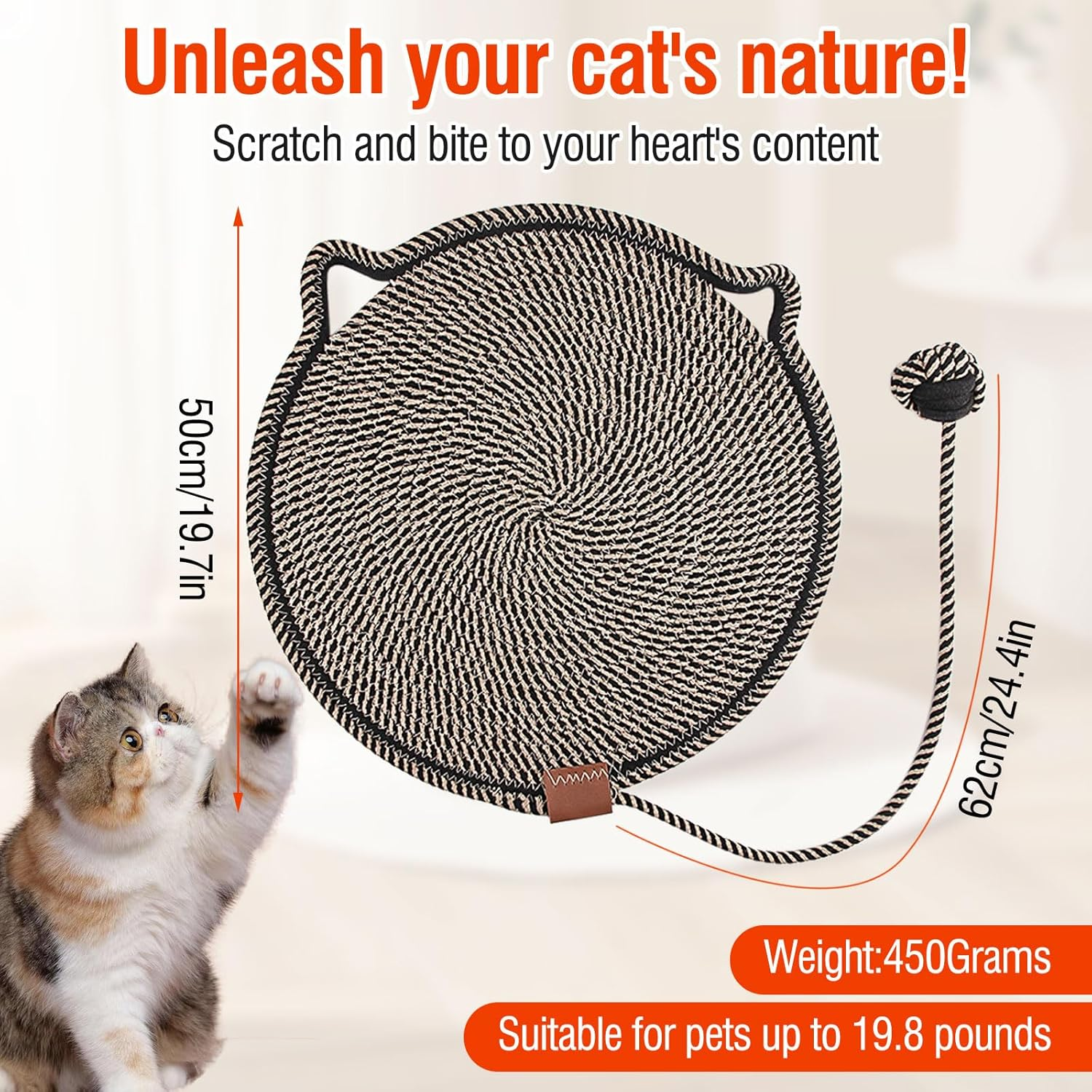 50Cm/19.7In Cat Scratching Mat, Wear-Resistant Waterproof Cotton Rope Cat Scratcher Mat, Cat Shape Cute Cat Scratching Mat for Indoor Cats, Door, Sofa, Carpet and Furniture Protector,Black image number 3
