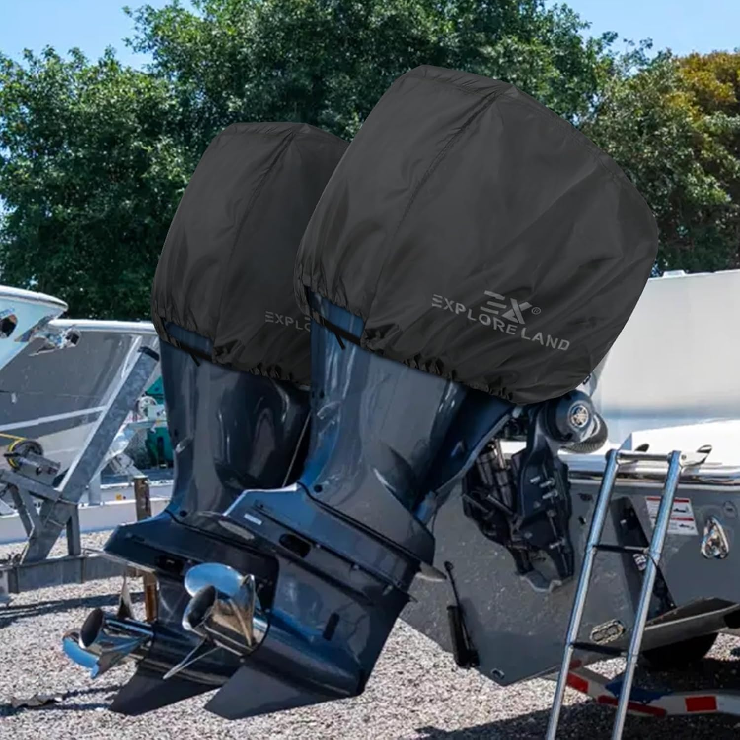 Explore Land Outboard Motor Cover - Waterproof 600D Heavy Duty Boat Engine Hood Covers Fit for 25-300HP Motor image number 2