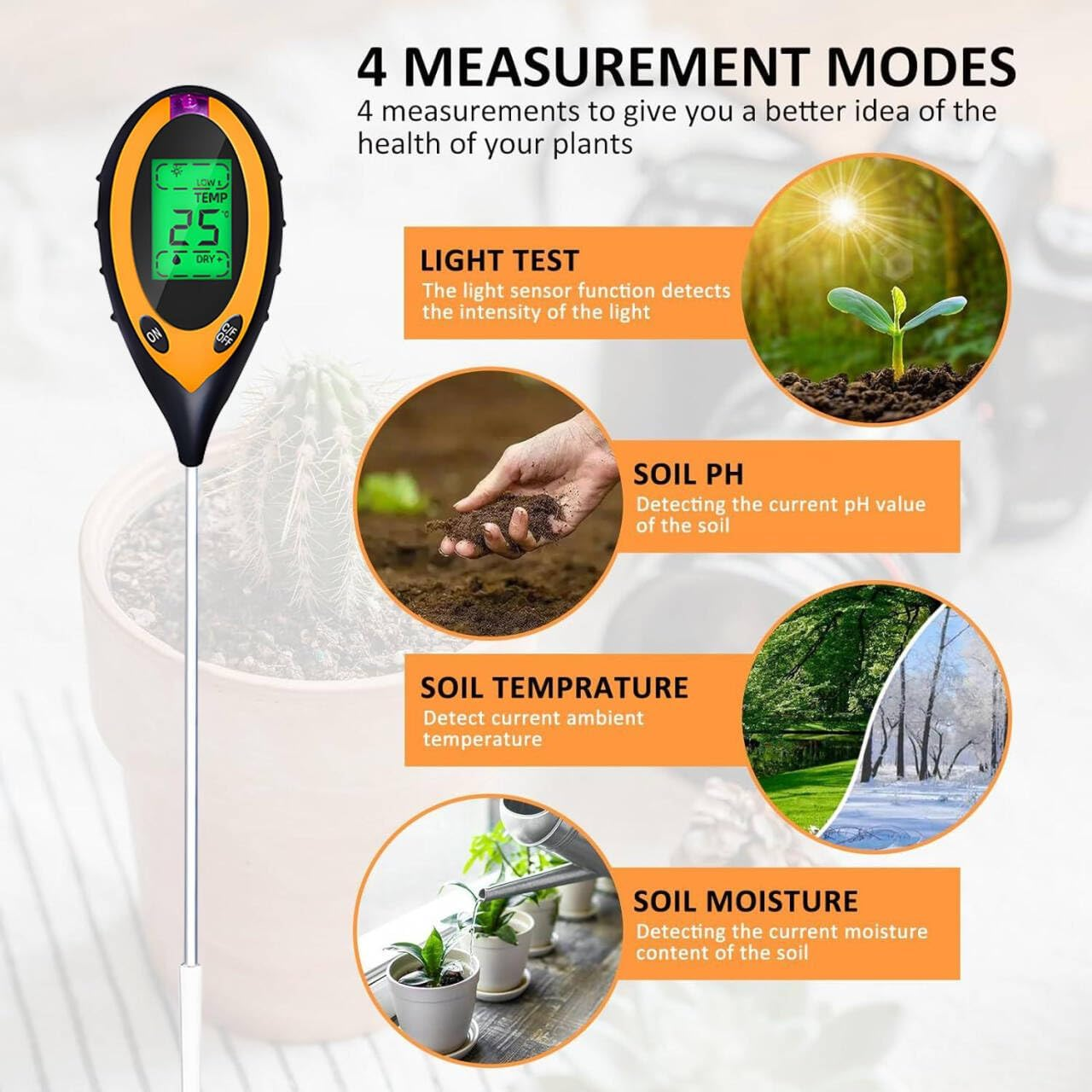 QUMOX Soil PH Tester, 4-In-1 Digital Plant Soil Moisture Meter with PH Value/Temperature/Moisture/Light Intensity for Plants, Garden, Farm, Lawn, Indoor and Outdoor image number 6