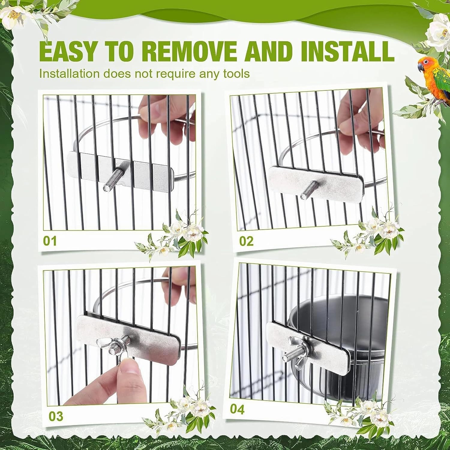 Stainless Steel Bird Feeding Dish Cups, 3Pcs Feeding Cups, Parrot Food Water Bowls with Clamp Holder, Bird Dishes for Parrot Cockatiel, Budgies, Small Animal, Chinchilla image number 5