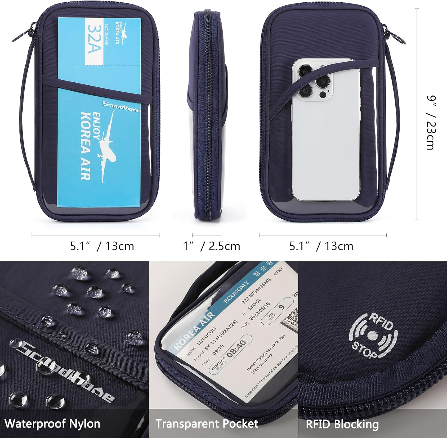 SEPWIK Travel Passport Wallet RFID Family Passport Holder with Hand Strap, Waterproof Travel Document Organizer for Credit Card, Boarding Pass, ID, Money, Flight Tickets Scandihome Series - Green image number 3