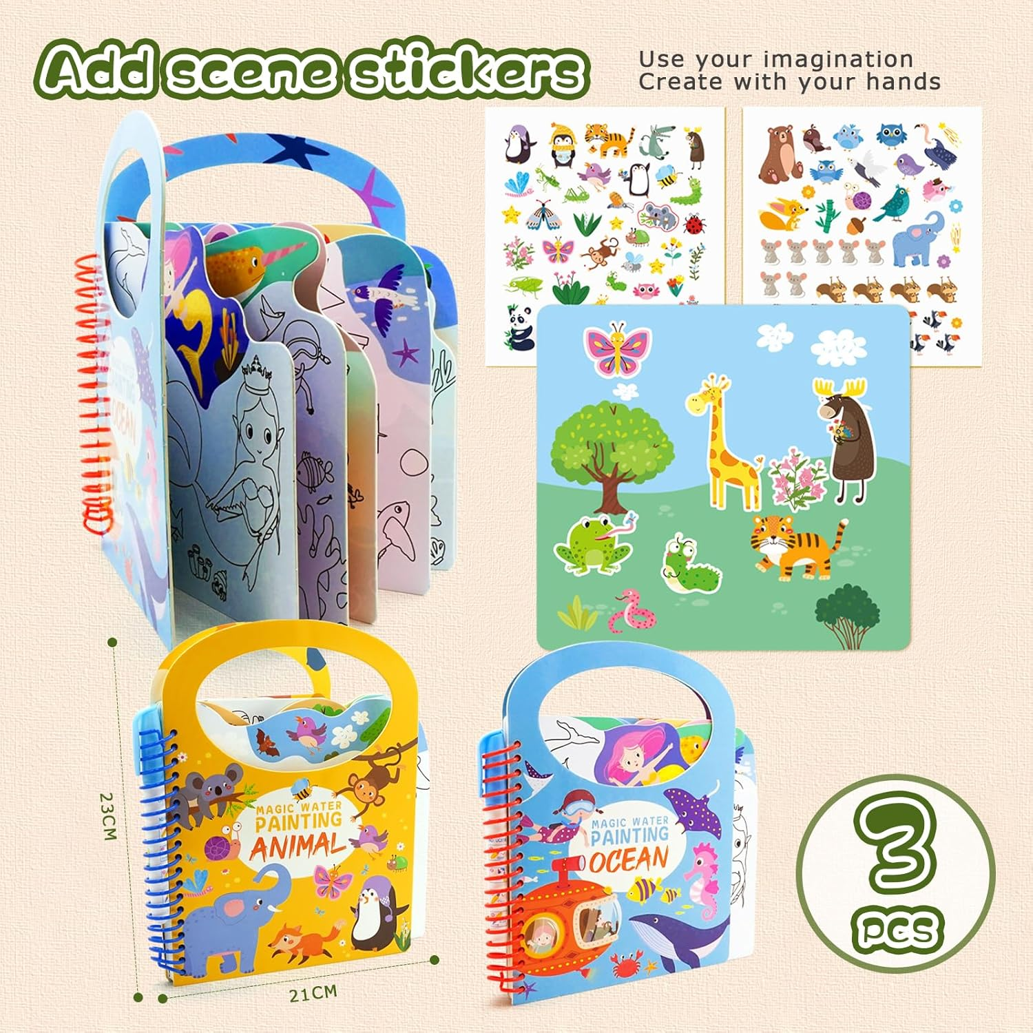 Peeokuo 3 Pack Water Coloring Books for Toddlers, Ages 3-5, Travel Toys, Sticker Books, Paint with Water Books image number 3
