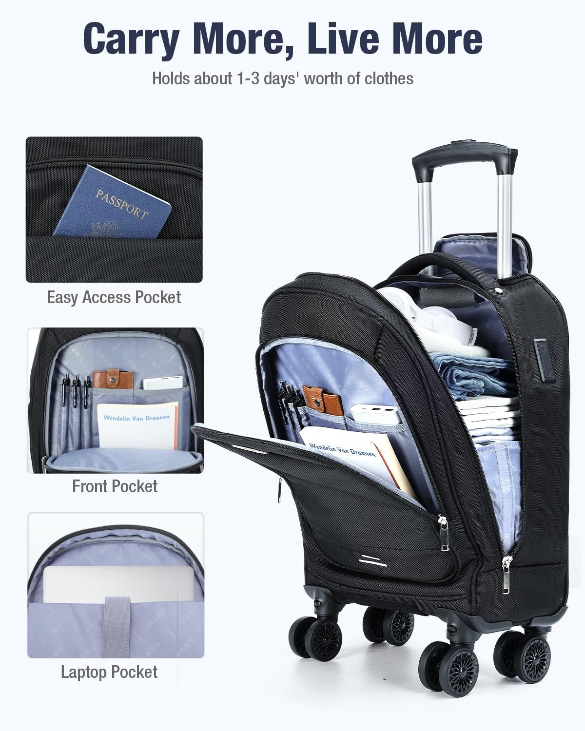 Ponhog Rolling Backpack with 4 Wheels, 15.6 Inch Travel Laptop Backpack for Women Men, Water Resistant Roller with USB Charging Port, Airline Approved Wheeled Work Bag, Black image number 5