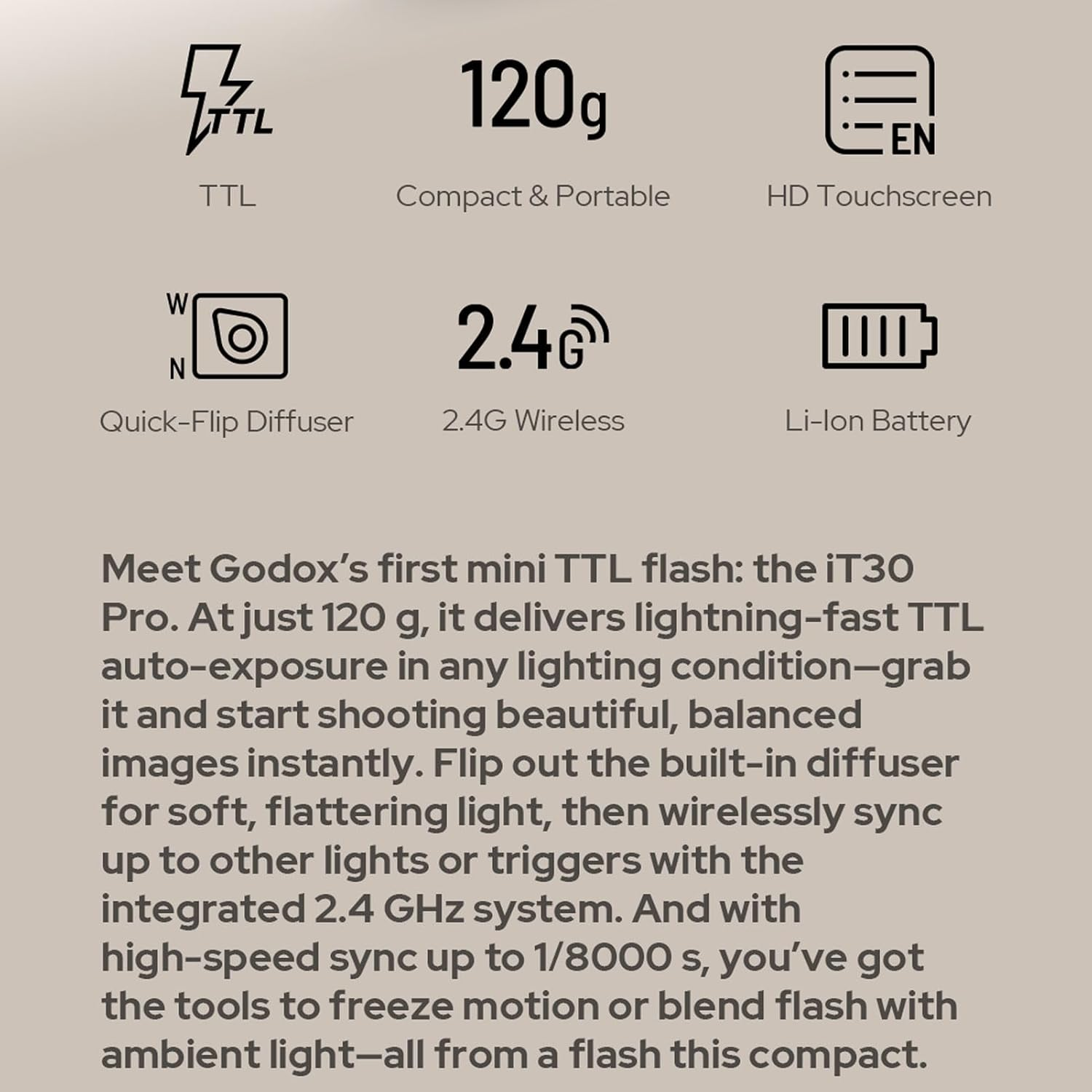 Godox Mini It30Pro S It30 Pro S for Sony TTL Flashlight Wireless Touch Screen Portable Flashlight HSS 1/8000 Second Compatible with Mirrorless Cameras External Flash Compatible for Sony image number 1