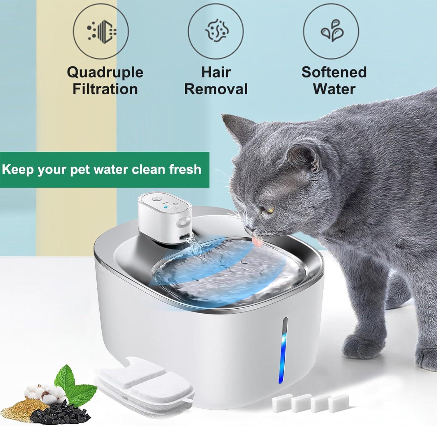 8 Set Cat Water Fountain Filters, Hantoc Replacement Pet Water Fountain Filters 8Pcs Activated Carbon Filter with Active Carbon & 8Pcs Foam Sponge for 4.2L Water Fountain with Sensor &lrm;YPD-C004 image number 2
