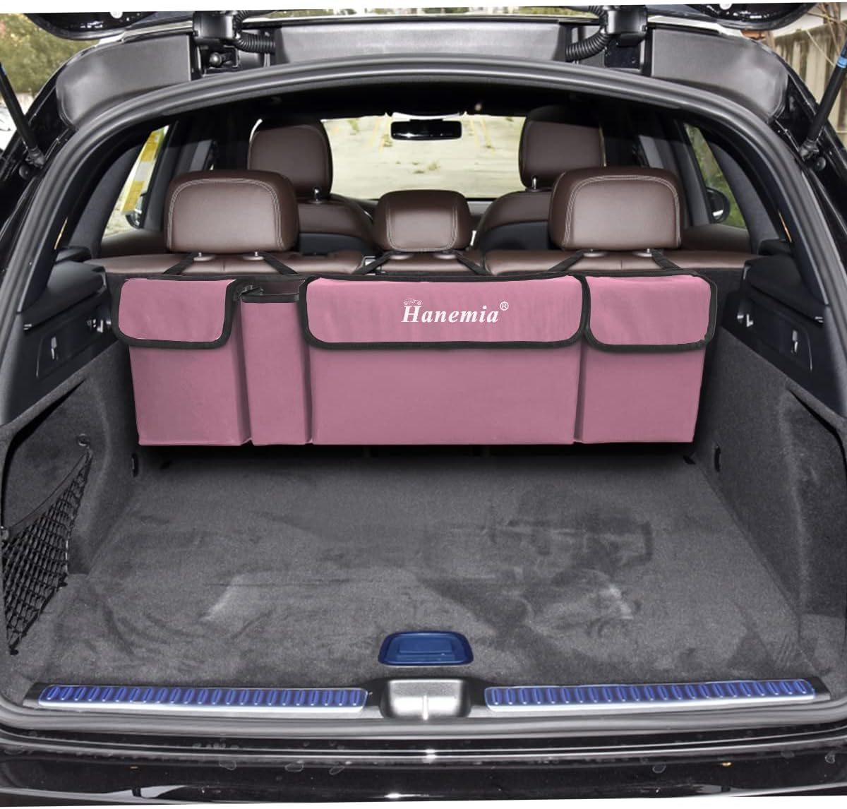 Hanemia Car Trunk Organizer, Backseat Hanging Storage with 4 Large Pockets, Collapsible Cargo Bag with Adjustable Straps Frees Trunk Floor, Sturdy Space Saving Expert for SUV, Truck, Van (Pink) - Pink image number 2