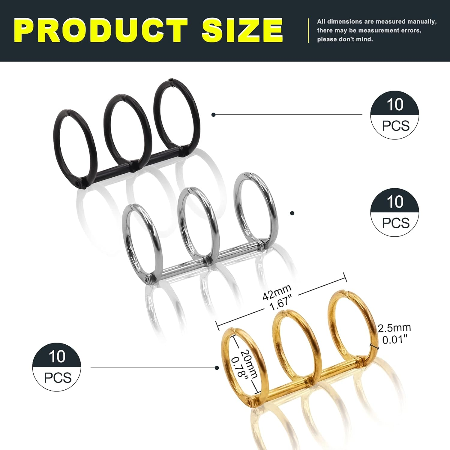 Mardatt 30Pcs 3 Ring Metal Loose Leaf Binders Book Rings Snap Split Hinged for Notebook, Diary, Photo Album, Binding Spines Combs, 20Mm (Gold, Silver, Black)