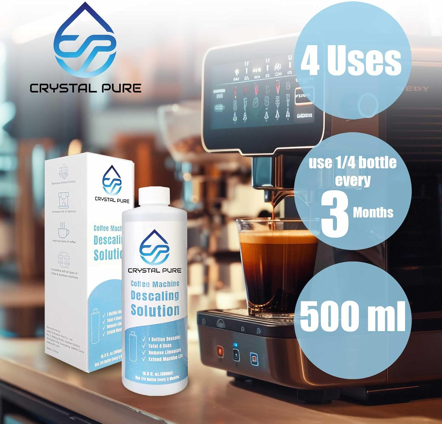 Crystal Pure 500Ml Liquid Descaler Cleaner Descale Descaling Solution for Breville Gaggia Saeco Delonghi Jura Sunbeam Espresso Coffee Machine