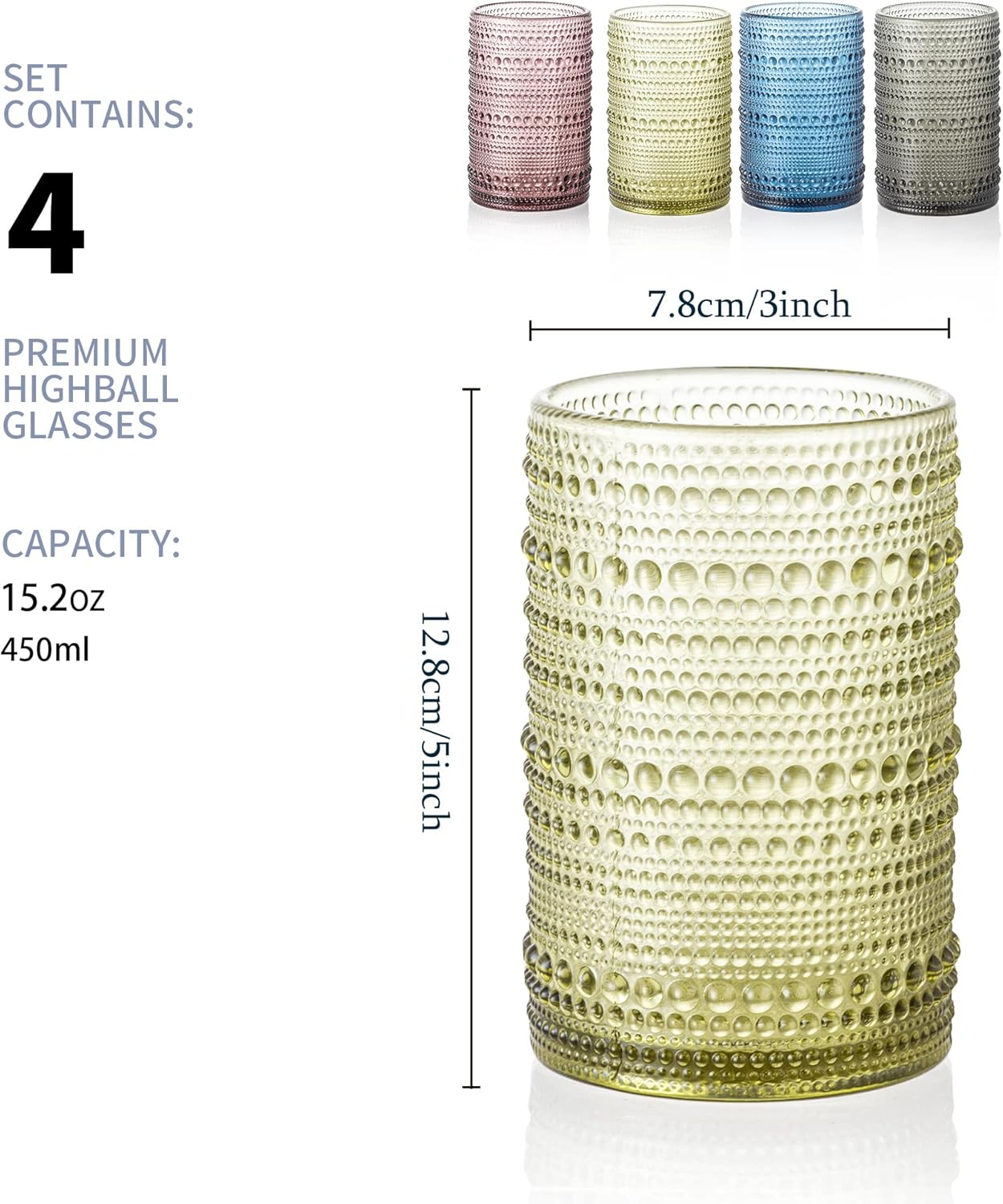 POLIDREAM 450Ml Colored Hobnail Drinking Glasses Set of 4, Vintage Glassware Set, Embossed Beaded Glass Cups, Water Tumbler for Cocktail, Juice and Various - Dishwasher Safe（Does Not Fade） image number 5