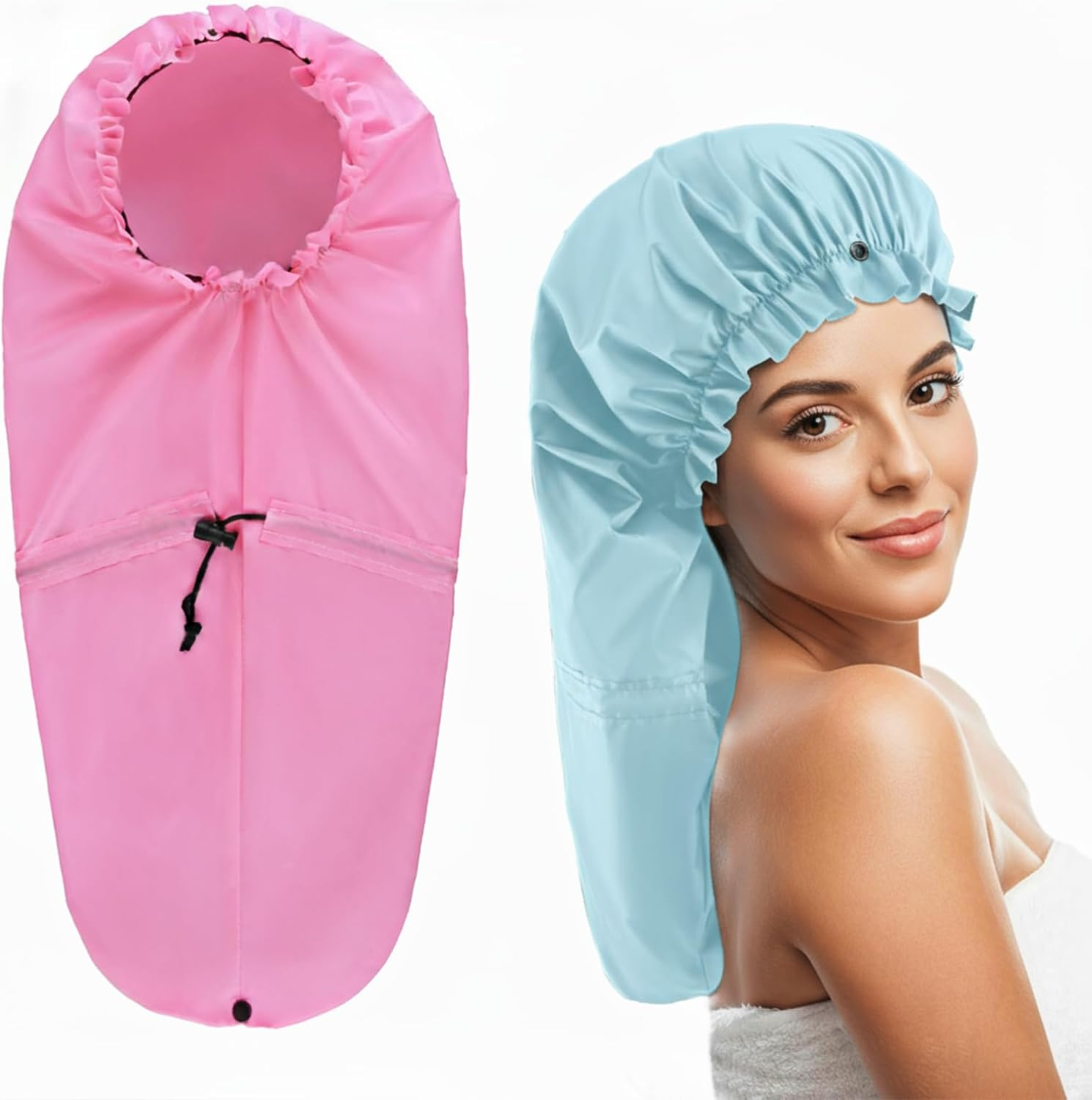 2 Pack Extra Large Shower Caps for Braids, Long Hair & Locs, Waterproof Hair Bonnets for Dreadlocks with Adjustable Drawstring (Pink, Light Blue) image number 1