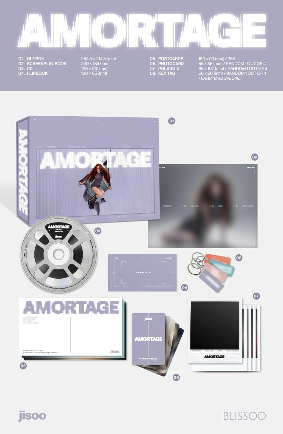 BLACKPINK Jisoo AMORTAGE 1St Mini Album Exclusive Purple Version Cd+Screenplay Book+Flip Book+2P Postcard+1P Photocard+1P Polaroid+Tracking Sealed JI SOO image number 3
