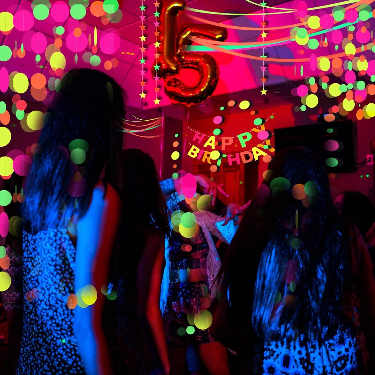 108Feet Paper UV round Dot Neon Garland Blacklight Reactive Glow in the Dark Party Supplies Streamers Glow Fluorescent Hanging Circle Dots Banners for Wedding Birthday Neon Party Decorations - Round Dot image number 2