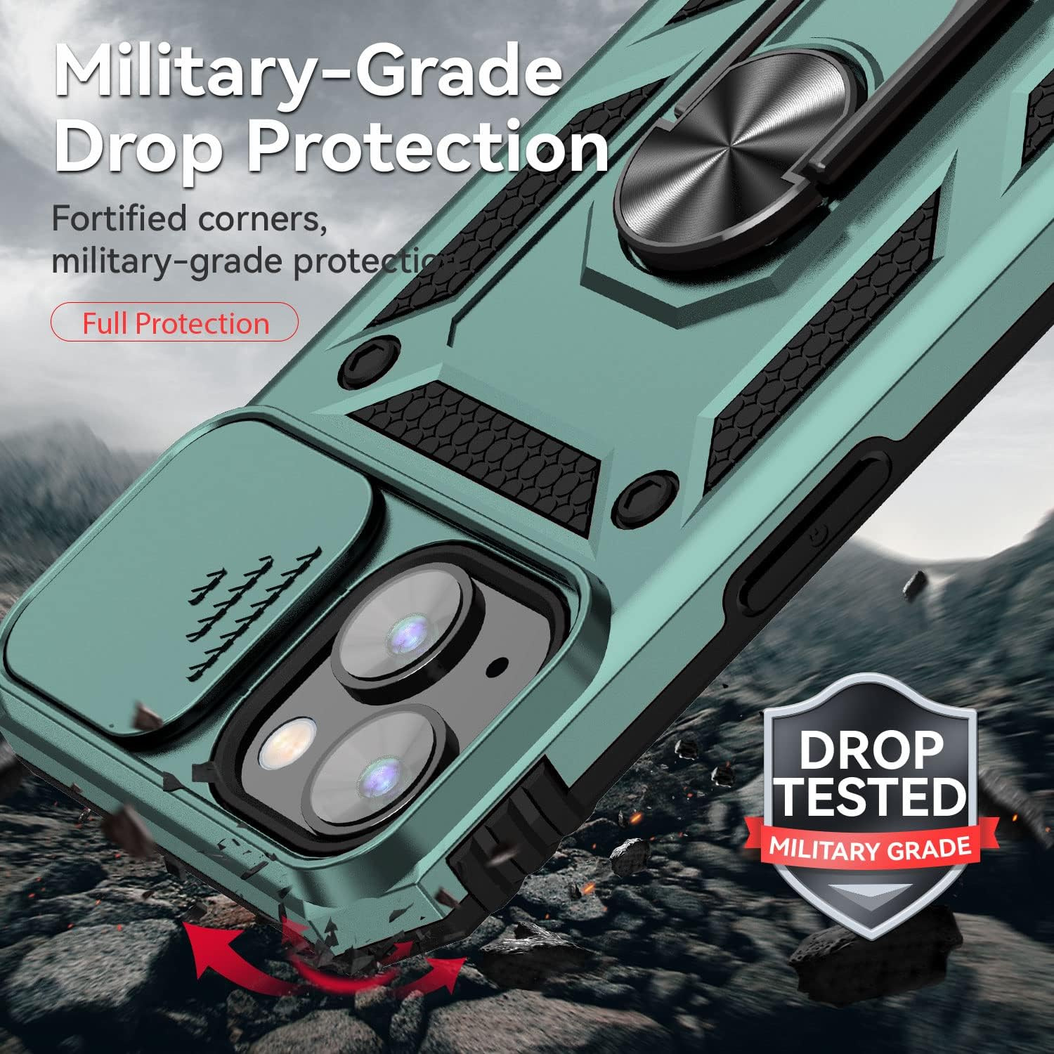 QIWEIQING Iphone 14 Case Plastic Back Cover TPU Bumper Mobile Phone Case 360 Degree Metal Ring Stand Heavy Duty Military Grade Protection Hybrid Shockproof Case for Iphone 14 / Iphone 13. Green JXT - Green image number 5