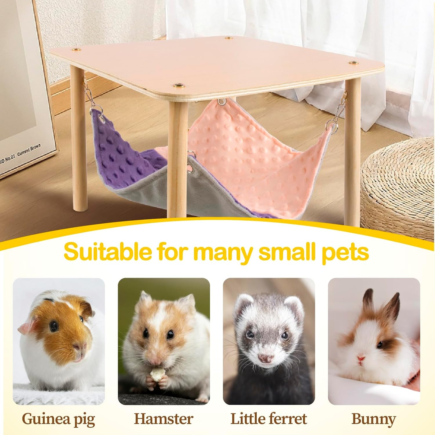 BESNEW Enlarged Guinea Pig Hammock with Wooden Stand,Small Animal Hanging Bed Large Platform for Guinea Pigs Bunny Ferret Hamster Hiding Sleeping 13L X 13W X 11H In image number 4