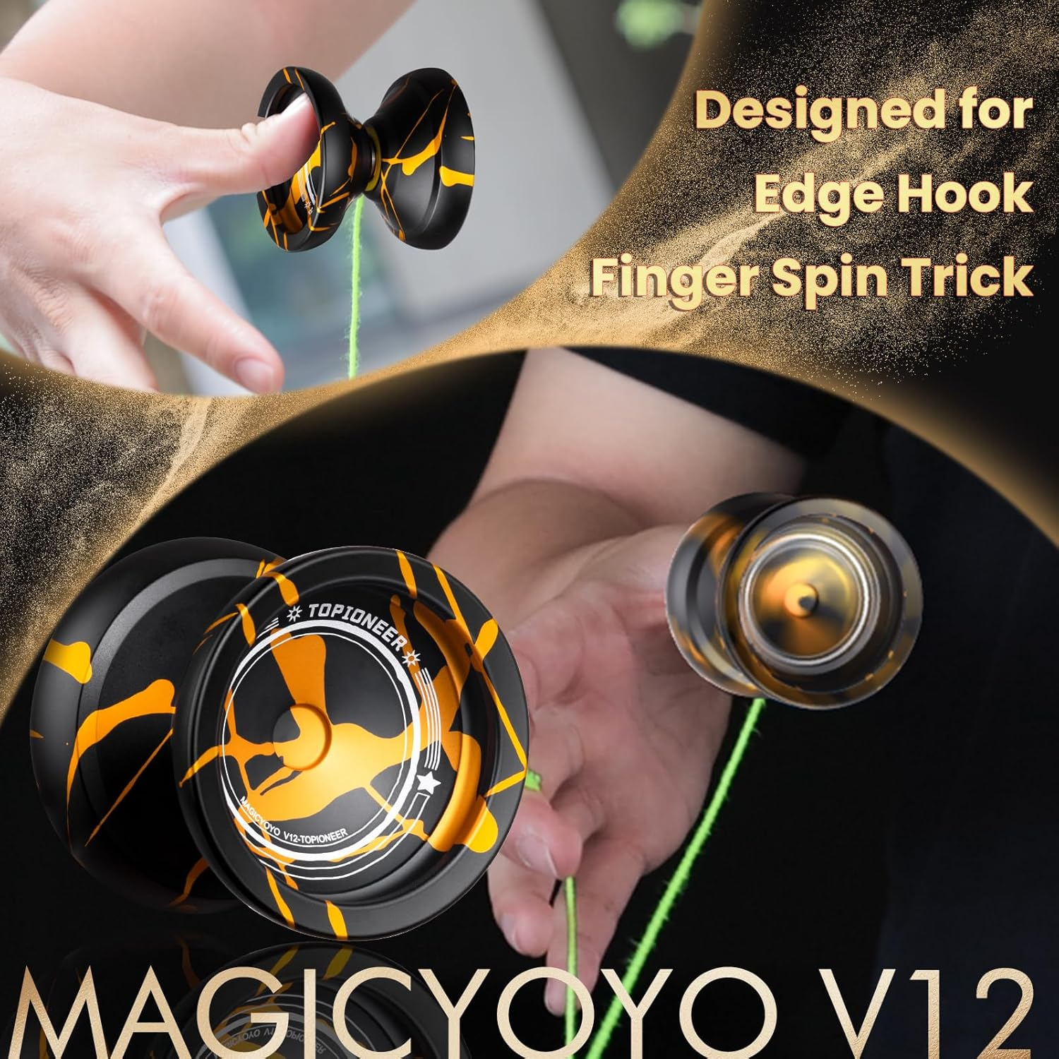 MAGICYOYO V12 Responsive Yoyo for Kids & Beginner, Unresponsive Yo Yo for Adults, Professional Yoyo for Finger Spin Trick with 12 Yoyo Strings & Yo-Yo Accessory Kit (Black Gold Splash image number 4