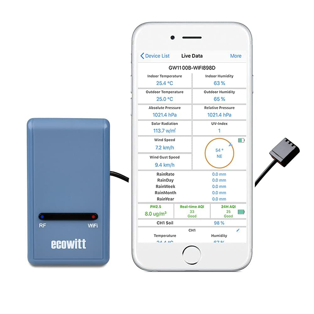 Ecowitt GW1100 Wi-Fi Weather Station Sensor Gateway with Temperature, Humidity and Atmospheric Pressure 3-In-1 Probe Sensor