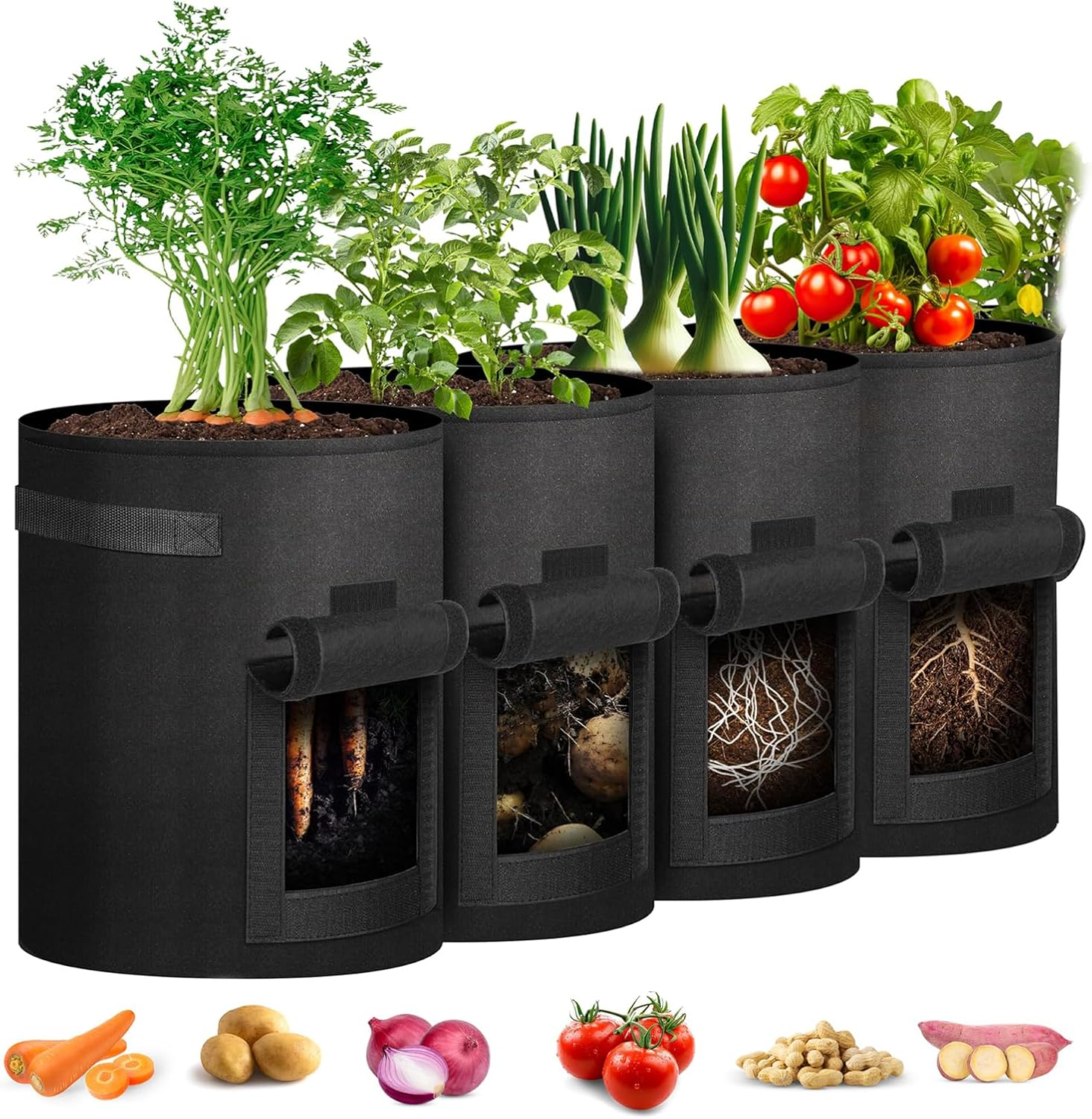 4Pcs Potato Planting Bag with Gusset, Garden Planting Bag with Handle and Harvest Window, Thickened Non-Woven Container for Potatoes, Tomatoes, Carrots, Vegetables, and Fruits image number 3
