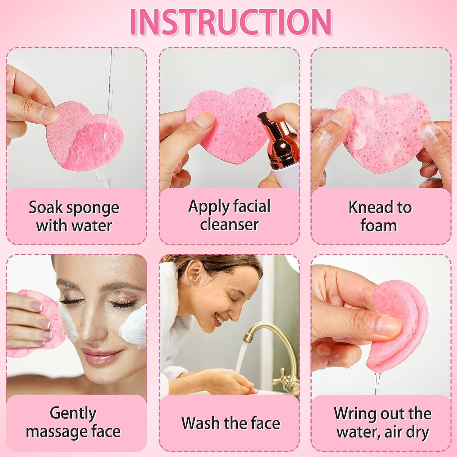 100 Pieces Facial Sponges, Heart Shape Compressed Face Sponge Natural Sponge Pads for Washing Face Cleansing Exfoliating Esthetician Makeup Removal (Pink) image number 6