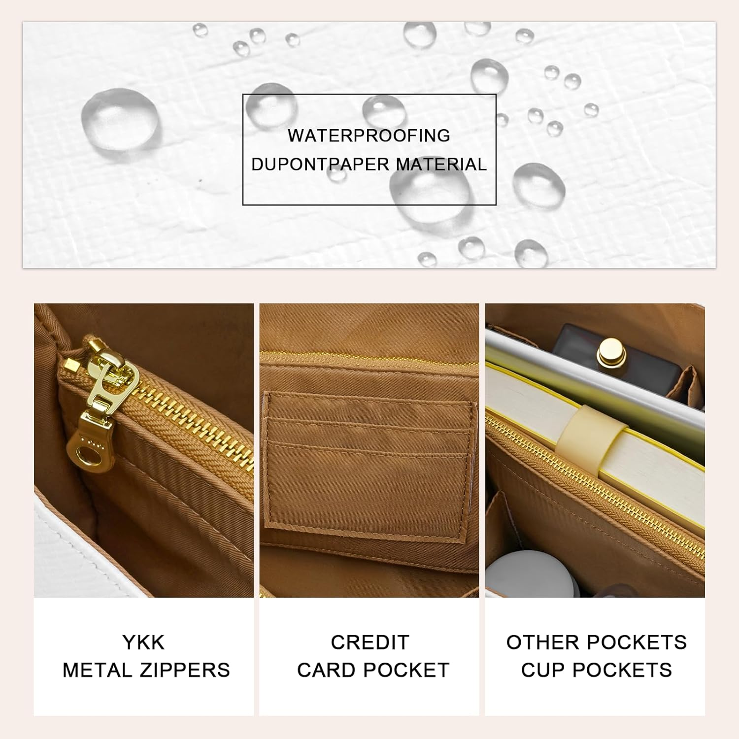 LOUKAYCCI New Dupont Paper Purse Organizer Insert for Longchamp Le Pliage M Handbag Insert (White&Brown, Medium) image number 3