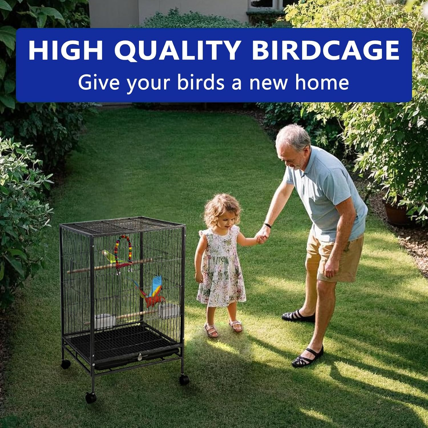 30 Inch Height Wrought Iron Bird Cage with Rolling Stand for Conures Lovebirds Cockatiels Finches, Black image number 3
