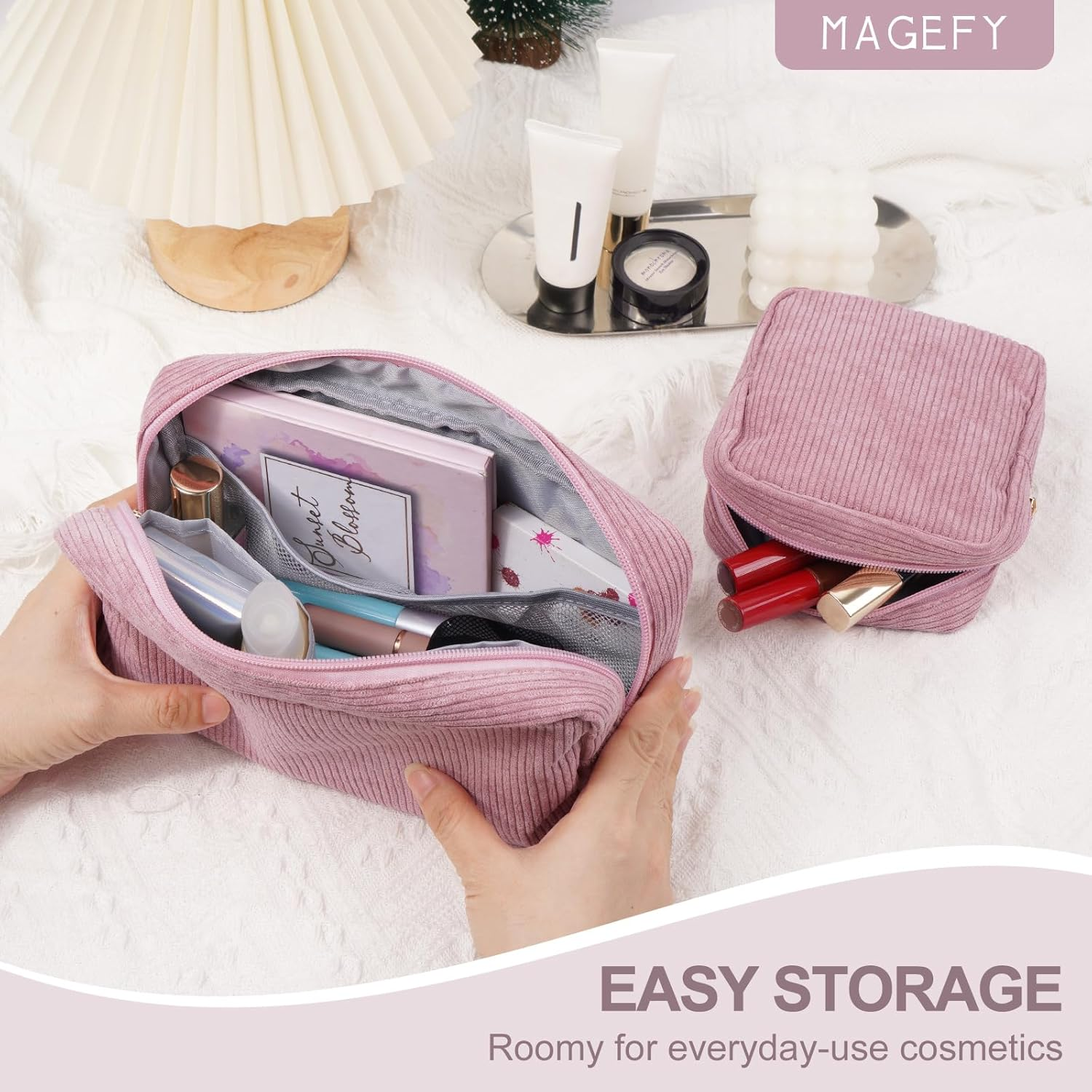 MAGEFY Makeup Bags 2 Pcs Corduroy Cosmetic Bag Makeup Bags for Women Travel Pouch with Slip-In Pockets-Pink image number 4