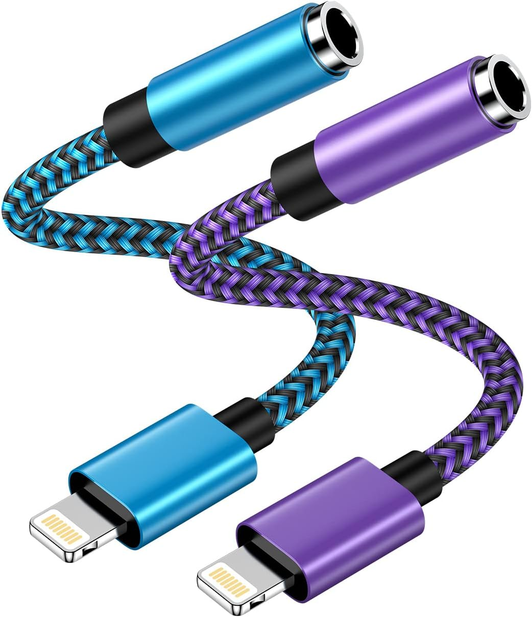 Iphone Headphone Adapter, 2Pack Dongle Lightning to 3.5Mm Jack Converter Braided Audio Aux Cord Earbuds Splitter Adaptor Compatible with Iphone 14 13 12 11 Pro Max X XR XS SE 8 7 plus Ipad Ipod