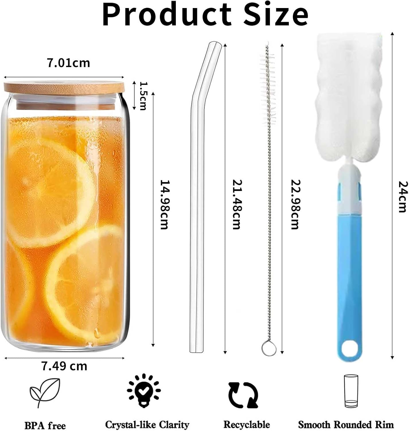 TFMOJHST 4Pcs Drinking Glasses with Bamboo Lids and Glass Straw-16 Oz Iced Coffee Glasses with Lids and Straws, Can Glass Cups Used for Beer/Milk/Soda Boba Etc.Include Can Glasses Cleaning Brushes