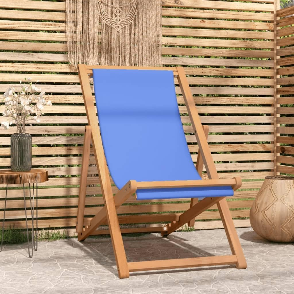 Vidaxl Adjustable Teak Wood Deck Chair with Fabric Comfort - Convenient Foldable Outdoor Furniture for Garden, Beach or Campsite - Brown and Blue image number 5