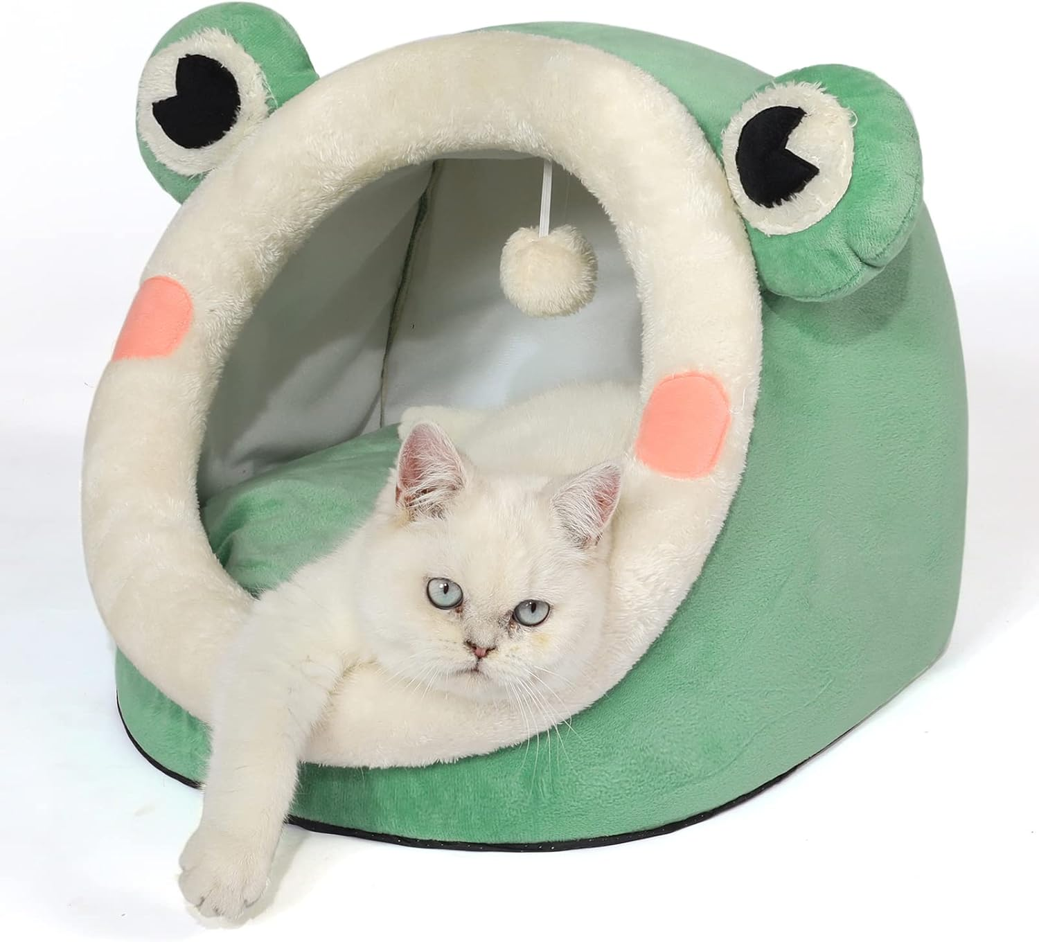 Jiupety Cute Cat Bed, Indoor Lovely Velvet Igloo for Cat and Small Dog, Warm Cave Sleeping Nest Bed for Puppy and Kitten, Green Frog, M image number 6
