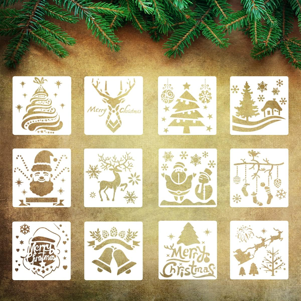 WELANE Christmas Stencils, 12 PCS Plastic Reusable Snowflakes Santa Claus Bells Merry Christmas Painting Stencils for Crafts, Cookie, Paint Decorating (13Cm/5In) image number 3