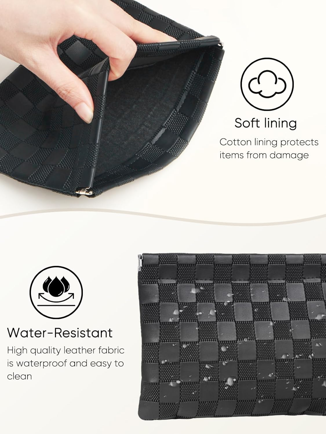 Ksriylm Black Plaid Leather Makeup Pouch for Women Small Make up Bag for Purse Self-Closing Waterproof Initial Checkered Makeup Cosmetic Bags Pouches for Purse Aesthetic Travel Toiletry Bag - Green image number 2