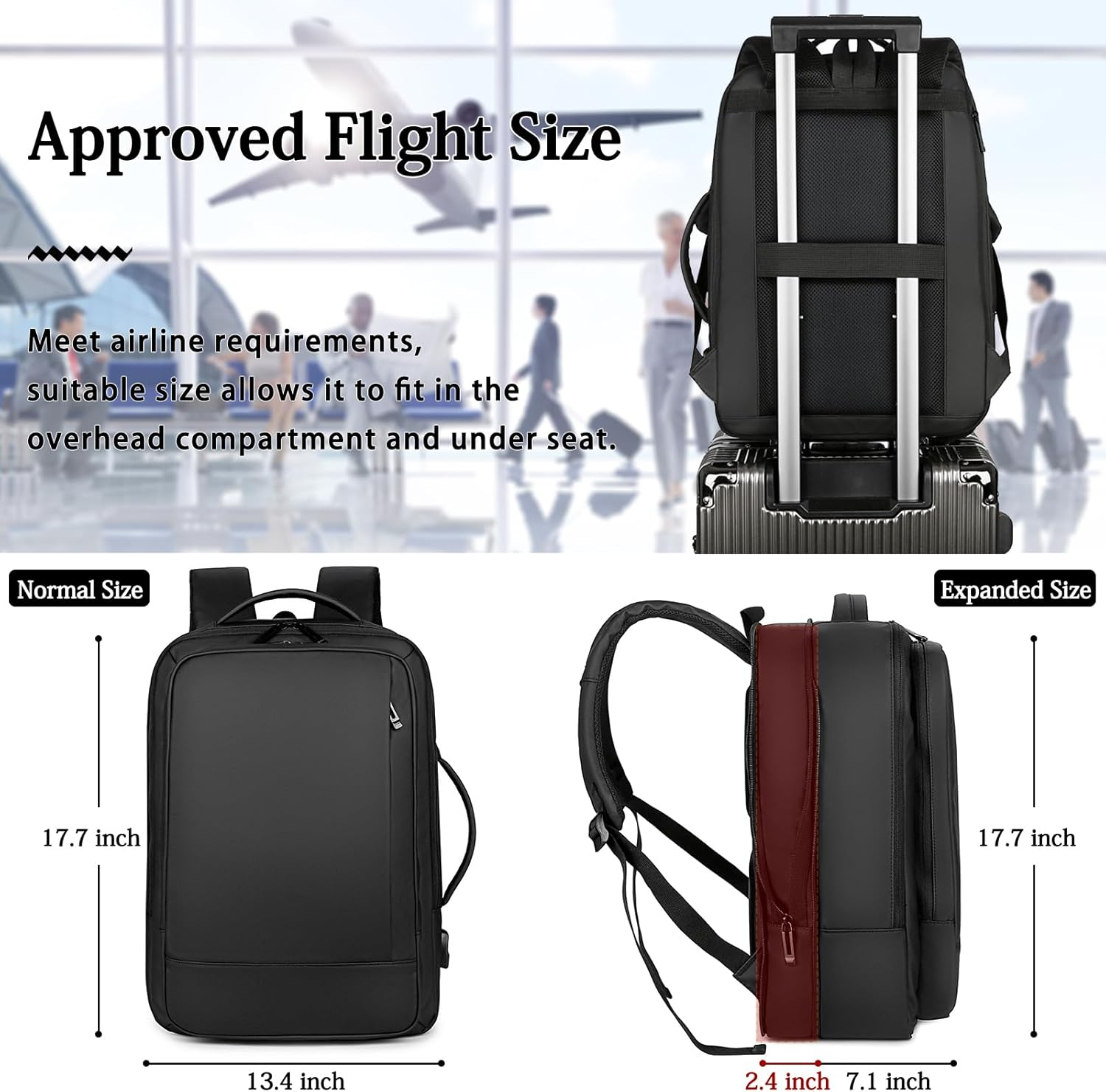 Travel Laptop Backpack 15.6 Inch Expandable Large Backpacks for Men Women Waterproof Business College Computer Bag with USB Charging Port,Black image number 4