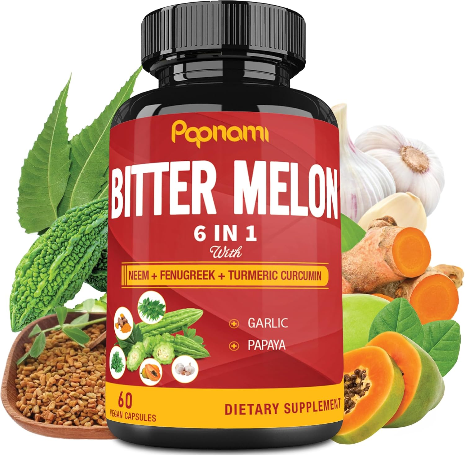 Organic Bitter Melon Extract Capsules - 60 Pills 2 Month - Combined Neem, Fenugreek, Curcumin, Garlic & Papaya image number 5