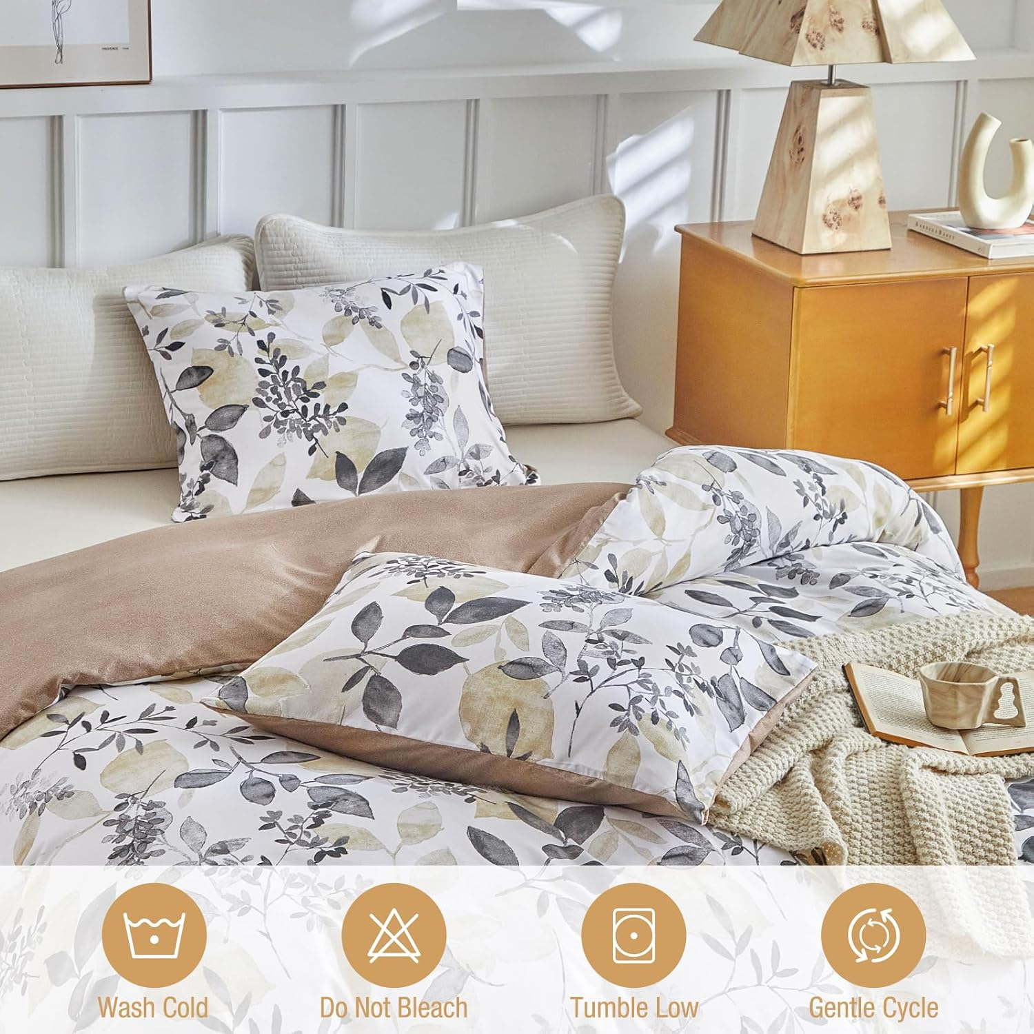 Duvet Cover for 135/150 Cm, Duvet Cover 230 X 220 Cm with Bohemian Pattern, Microfibre, 3 Pieces, Consisting of 1 Duvet Cover 230 X 220 Cm + 2 Pillowcases 50 X 75 Cm, Khaki Autumn Leaves image number 5