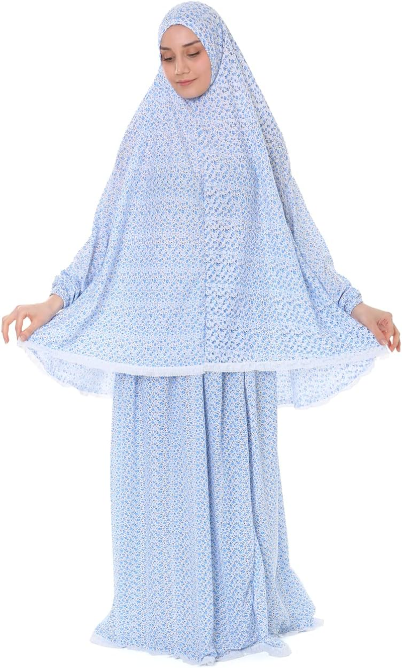 Elanesa Islamic Dress for Women Prayer Clothes for Muslim Women 2 Piece Set Maxi Skirt with Hijab and Rosary Printed Dress