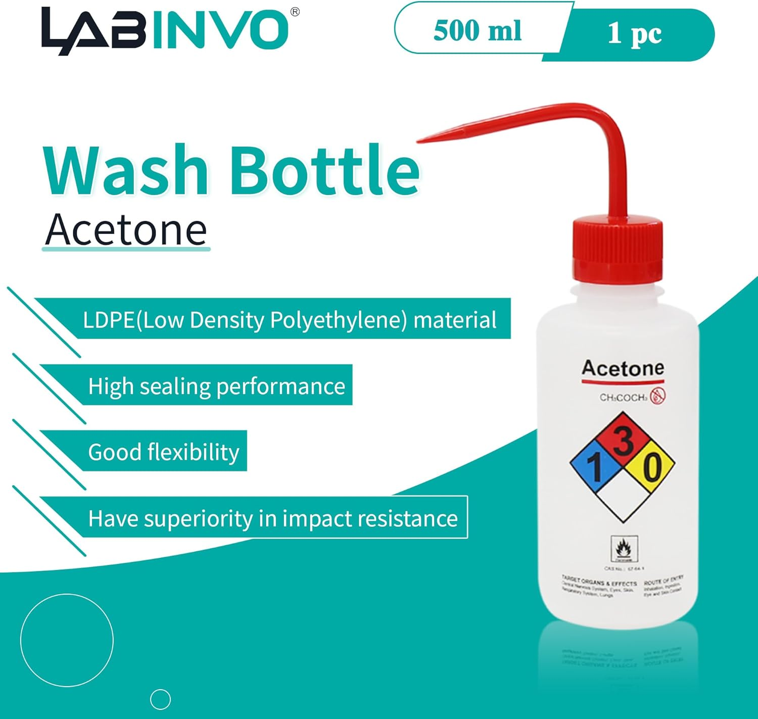 Acetone Wash Bottle, 1PC of Vol.500Ml (17Oz), Narrow Mouth, Self-Venting Safety Wash Bottle, LDPE Material, IN-WBA501 image number 2