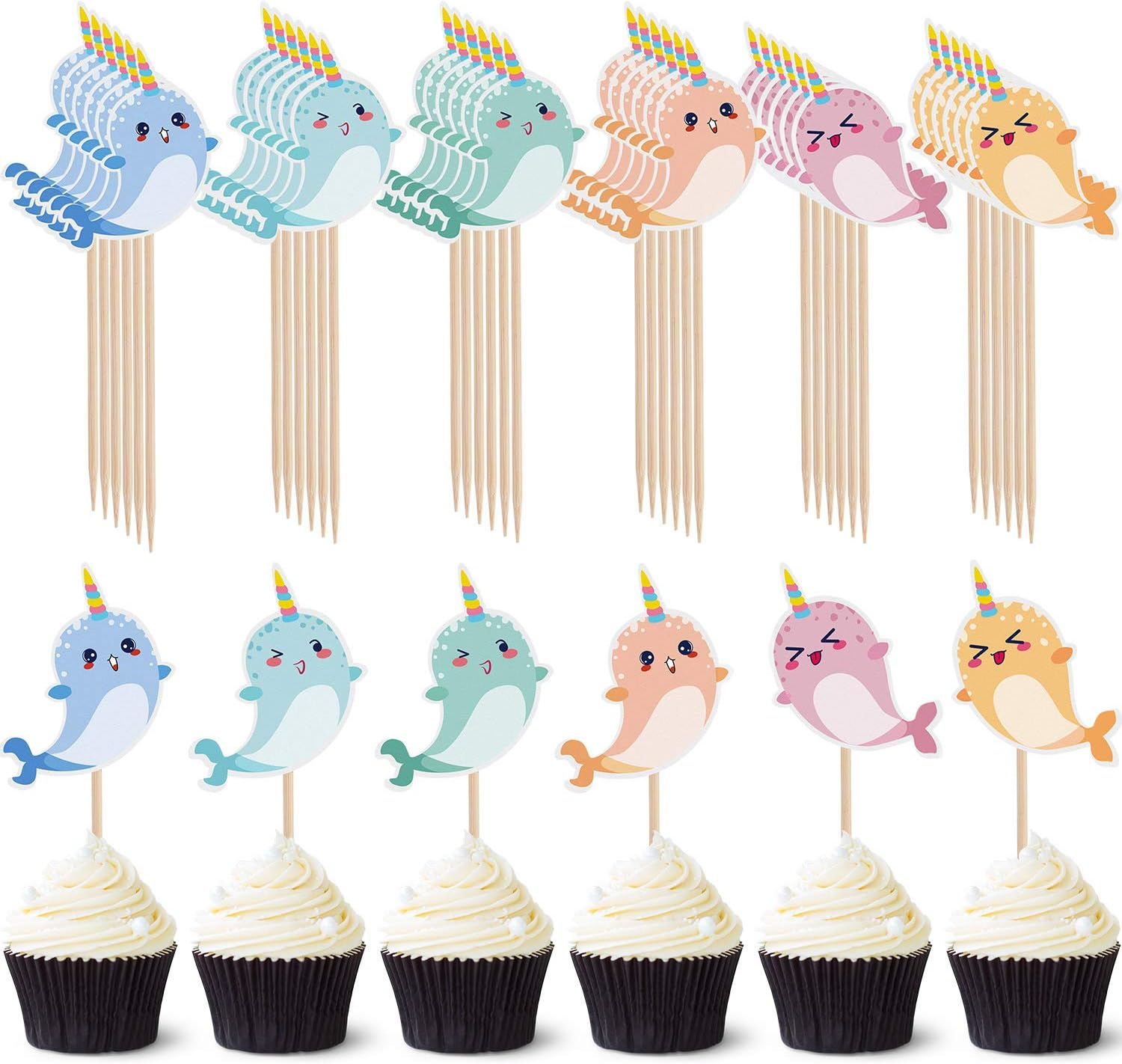 48 Pcs Narwhal Cake Toppers Narwhal Cupcake Toppers Ocean Birthday Party Decorations Supplies under the Sea Blue Ocean Themed Party Baby Shower Birthday Supplies
