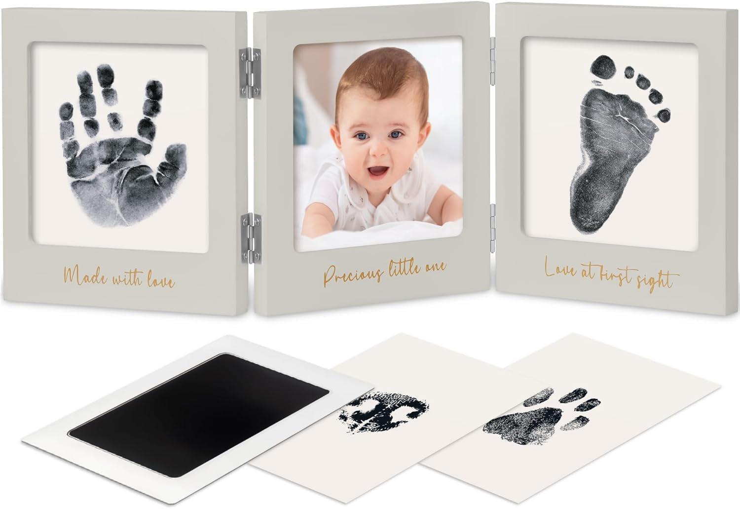 Inkless Baby Hand and Footprint Kit for Newborn - Baby Footprint Kit Maker, Baby Keepsake Picture Frame, Baby Shower Gifts, Pet Paw Print Kit, Clean Touch Baby Inkless Print Kit (Cloud Gray/Gold)