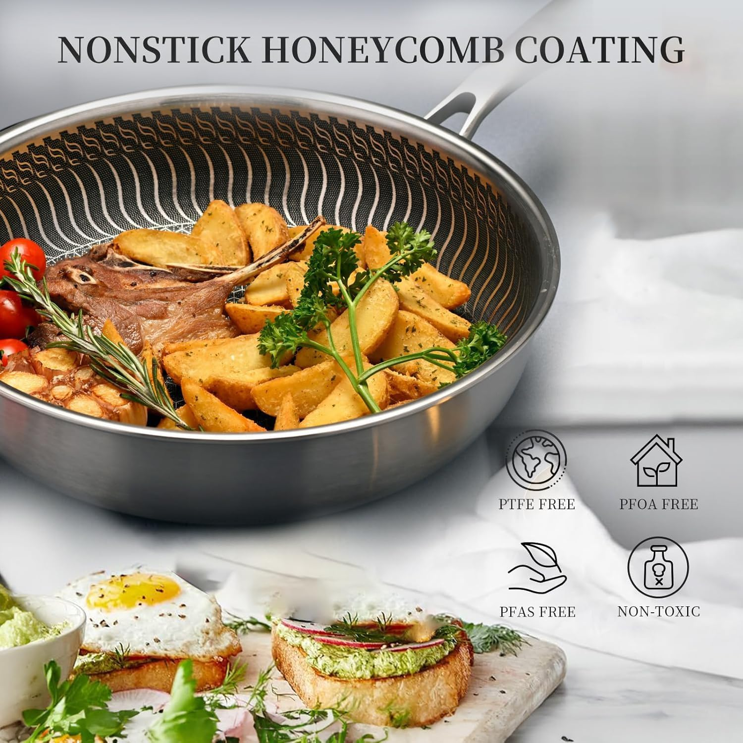 Stainless Steel Frying Pan Nonstick Frying Pan with Lid 12 Inch/30Cm Honeycomb Stainless Steel Skillet Woks Pan for Gas Electric Induction Ceramic Stoves and Oven image number 2