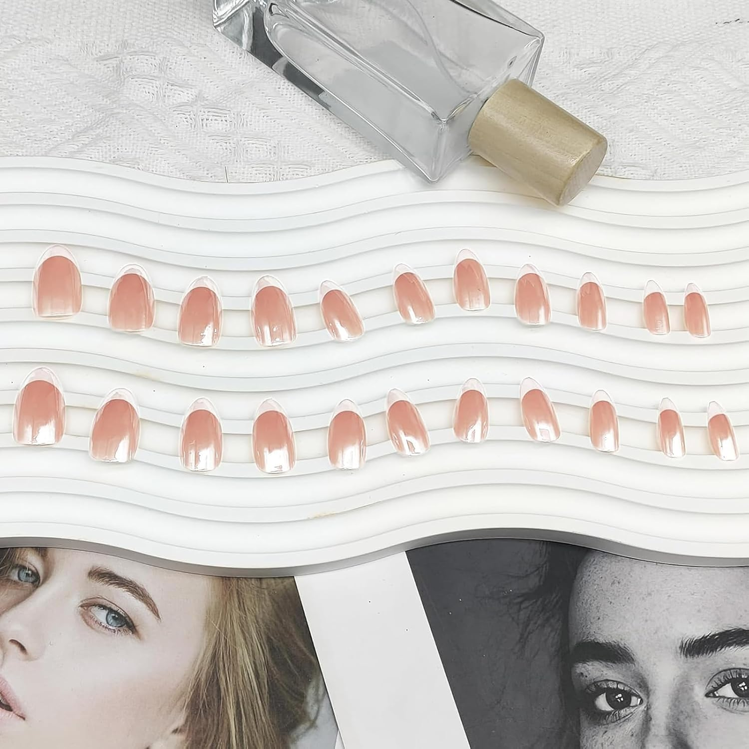 French Tip Chrome Press on Nails Almond Medium Fake Nails with Mirror Designs Glossy Glue on Acrylic Nails Nude Full Cover False Nails for Women image number 3