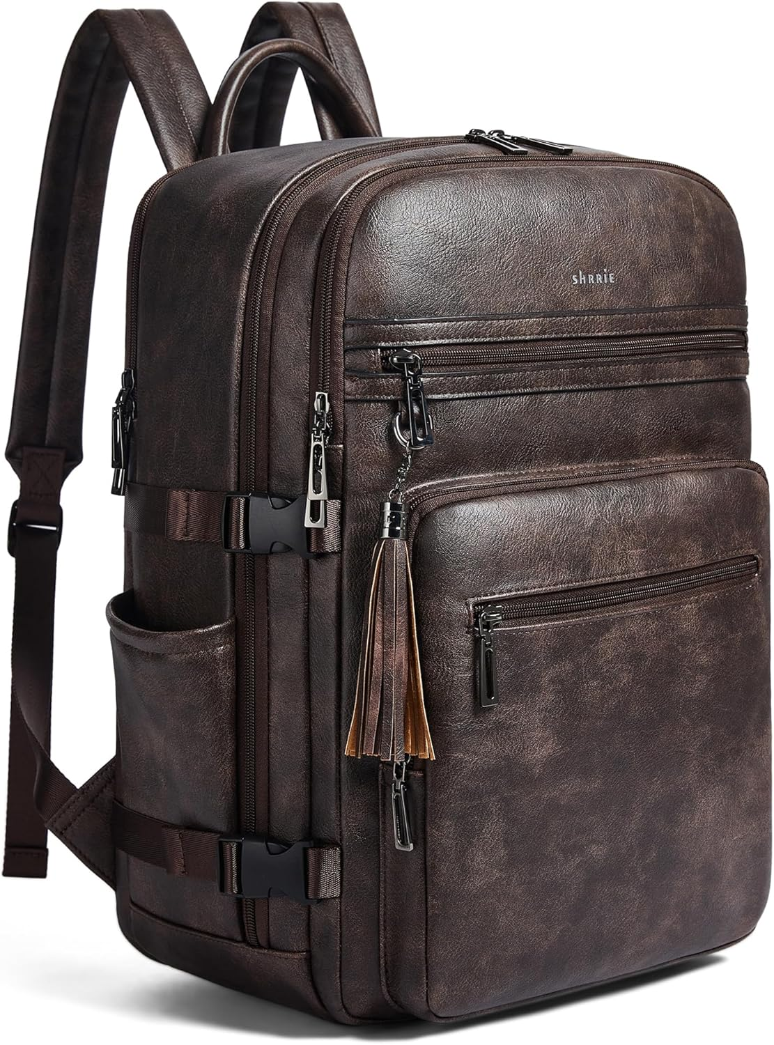 Shrrie Laptop Backpack for Women,Vegan Leather Backpack Work Computer Backpacks Fits 16" Laptop,Water Resistant Teacher Nurse Casual Daypack for Weekender Camping Travel,Beige with Brown image number 2