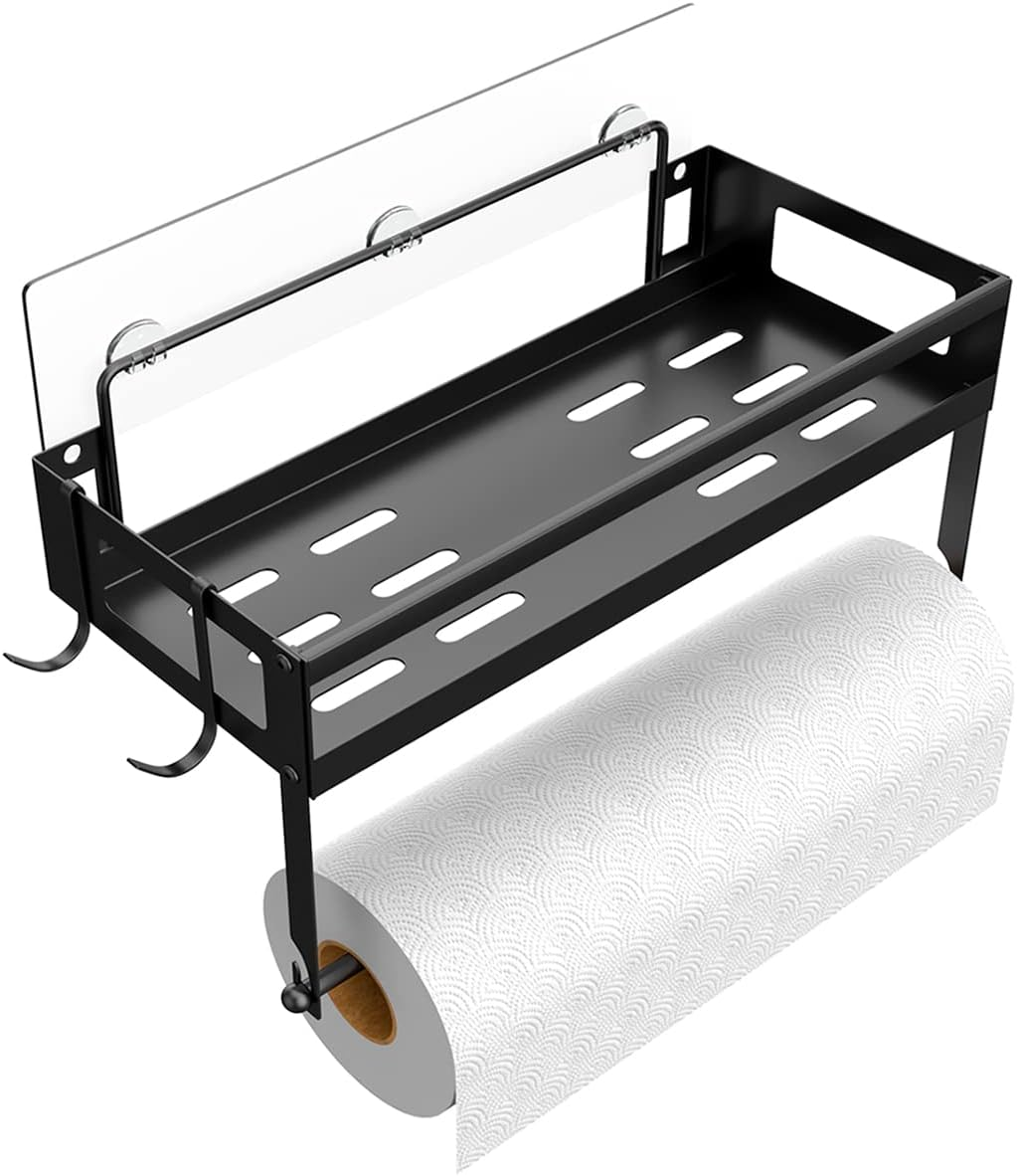 ESOW Paper Towel Holder with Shelf Storage, 2-In-1 Wall Mounted Paper Towel Roll Rack Basket for Kitchen, Balcony & Bathroom, Self-Adhesive or Drilling Installation, SUS304 Matte Black Finish image number 6
